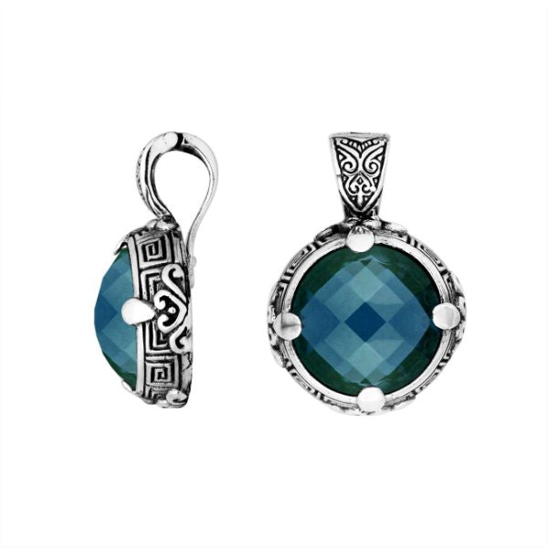 Sterling Silver Balinese Round Shape London Blue Topaz Quartz Pendant With Carved Silver Frame