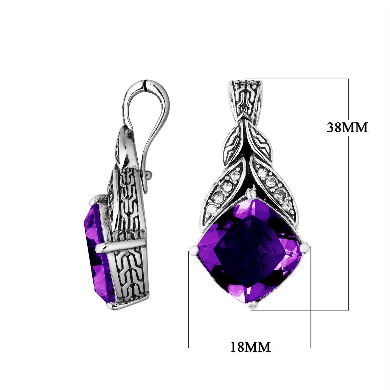 Sterling Silver Balinese Amethyst Quartz Pendant With Cubic Zirconia Leaf Design