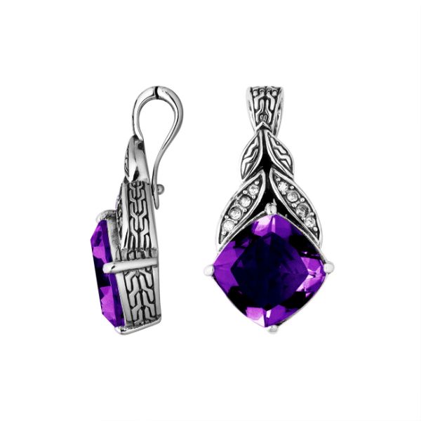 Sterling Silver Balinese Amethyst Quartz Pendant With Cubic Zirconia Leaf Design