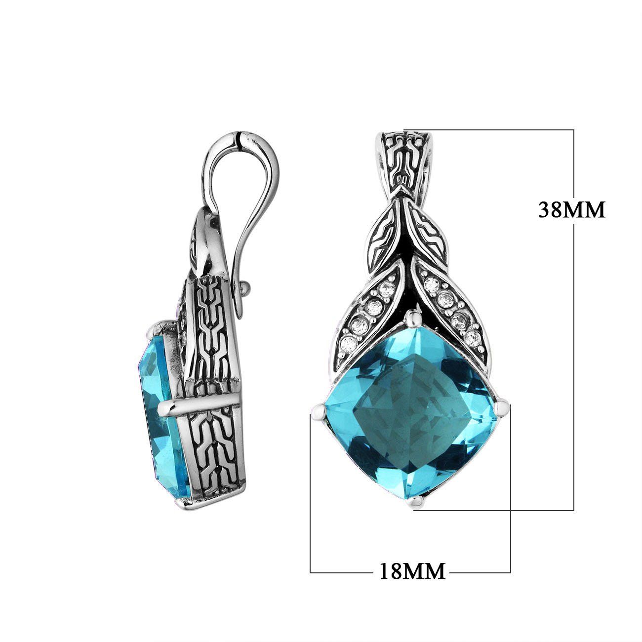 Sterling Silver Balinese Blue Topaz Quartz Pendant With Cubic Zirconia Leaf Design