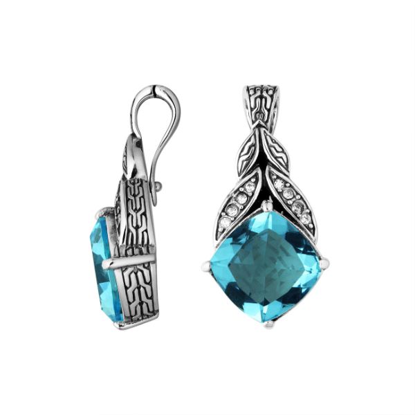 Sterling Silver Balinese Blue Topaz Quartz Pendant With Cubic Zirconia Leaf Design