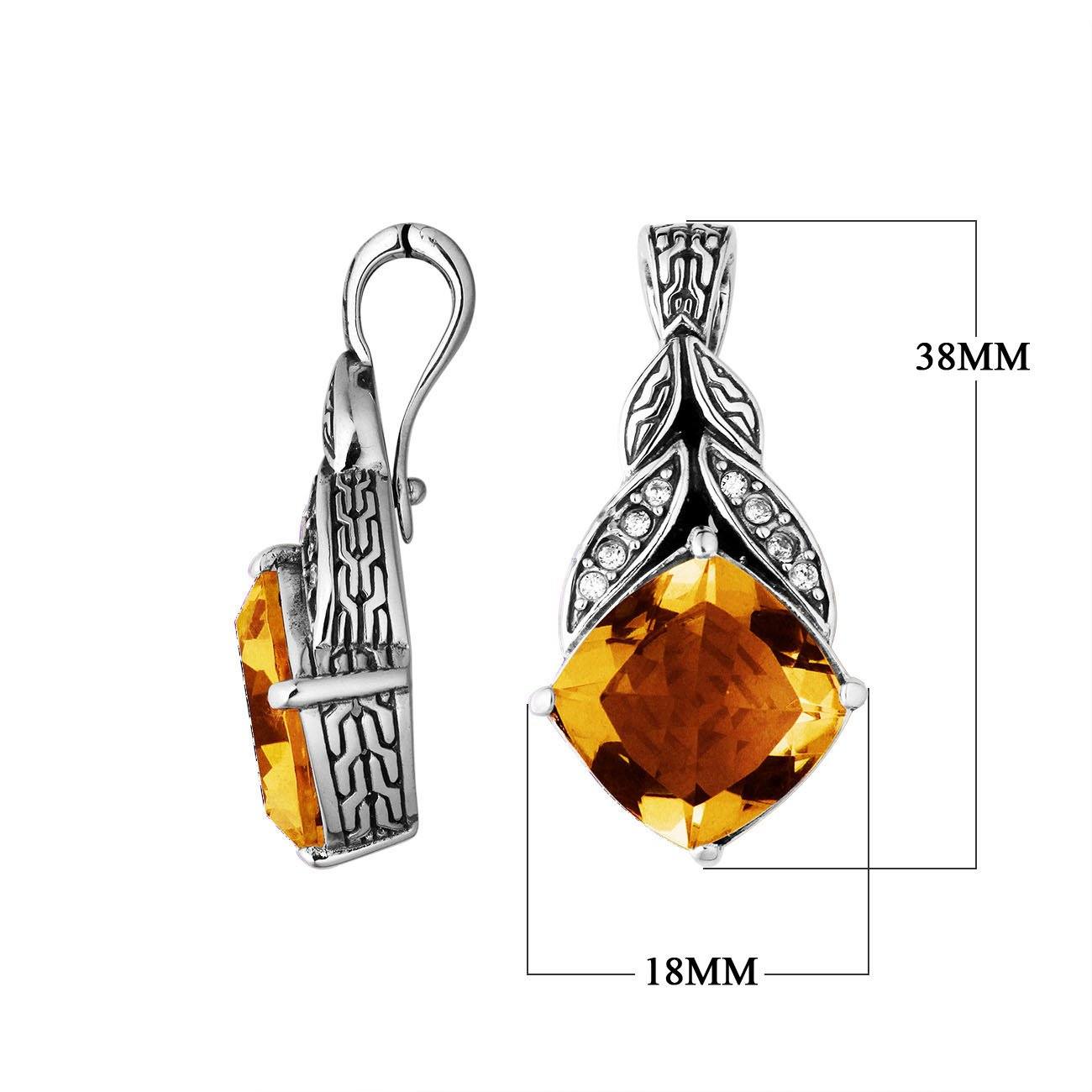 Sterling Silver Balinese Citrine Quartz Pendant With Cubic Zirconia Leaf Design