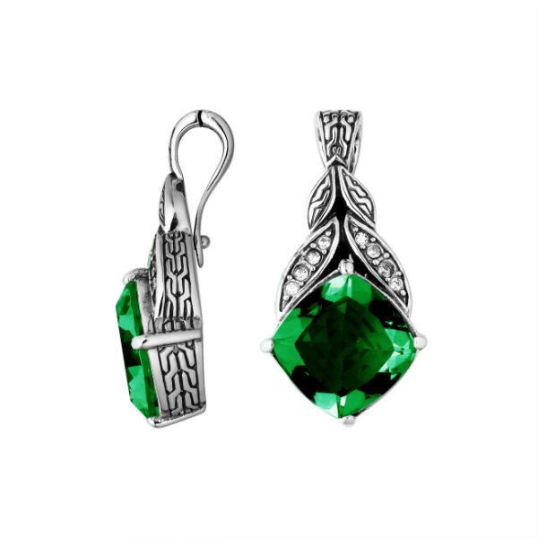 Sterling Silver Balinese Green Quartz Pendant With Cubic Zirconia Leaf Design