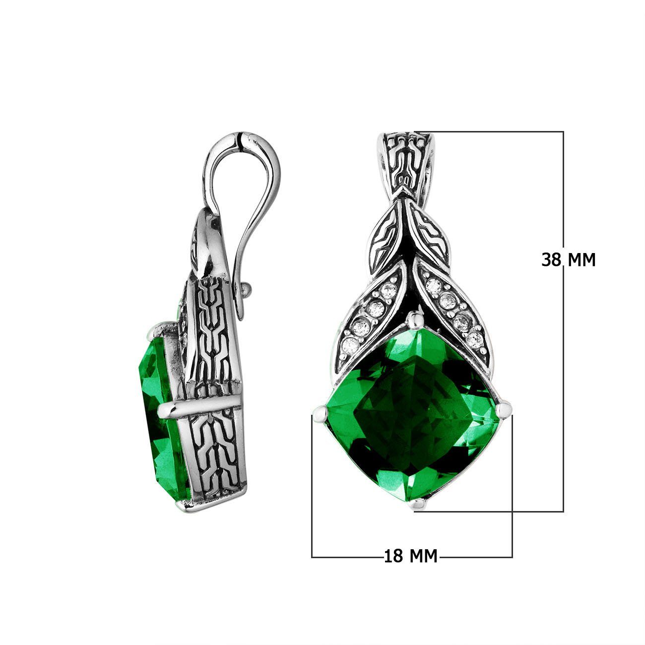 Sterling Silver Balinese Green Quartz Pendant With Cubic Zirconia Leaf Design