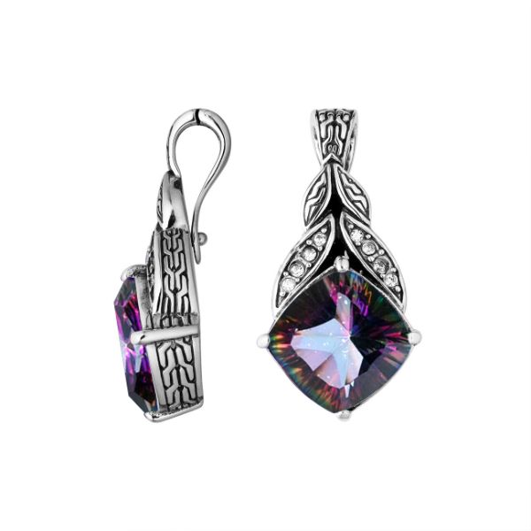 Sterling Silver Balinese Mystic Quartz Pendant With Cubic Zirconia Leaf Design