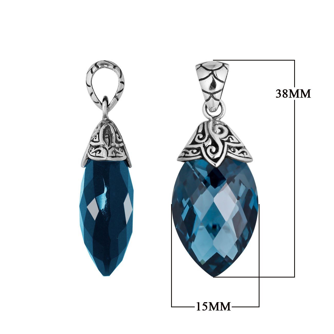 Sterling Silver Balinese London Blue Topaz Quartz Pendant With Carved Silver Cap