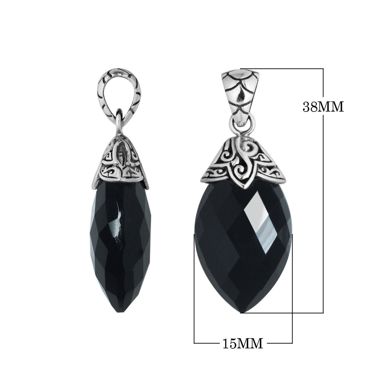 Sterling Silver Balinese Black Onyx Pendant With Carved Silver Cap