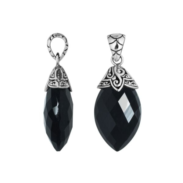 Sterling Silver Balinese Black Onyx Pendant With Carved Silver Cap