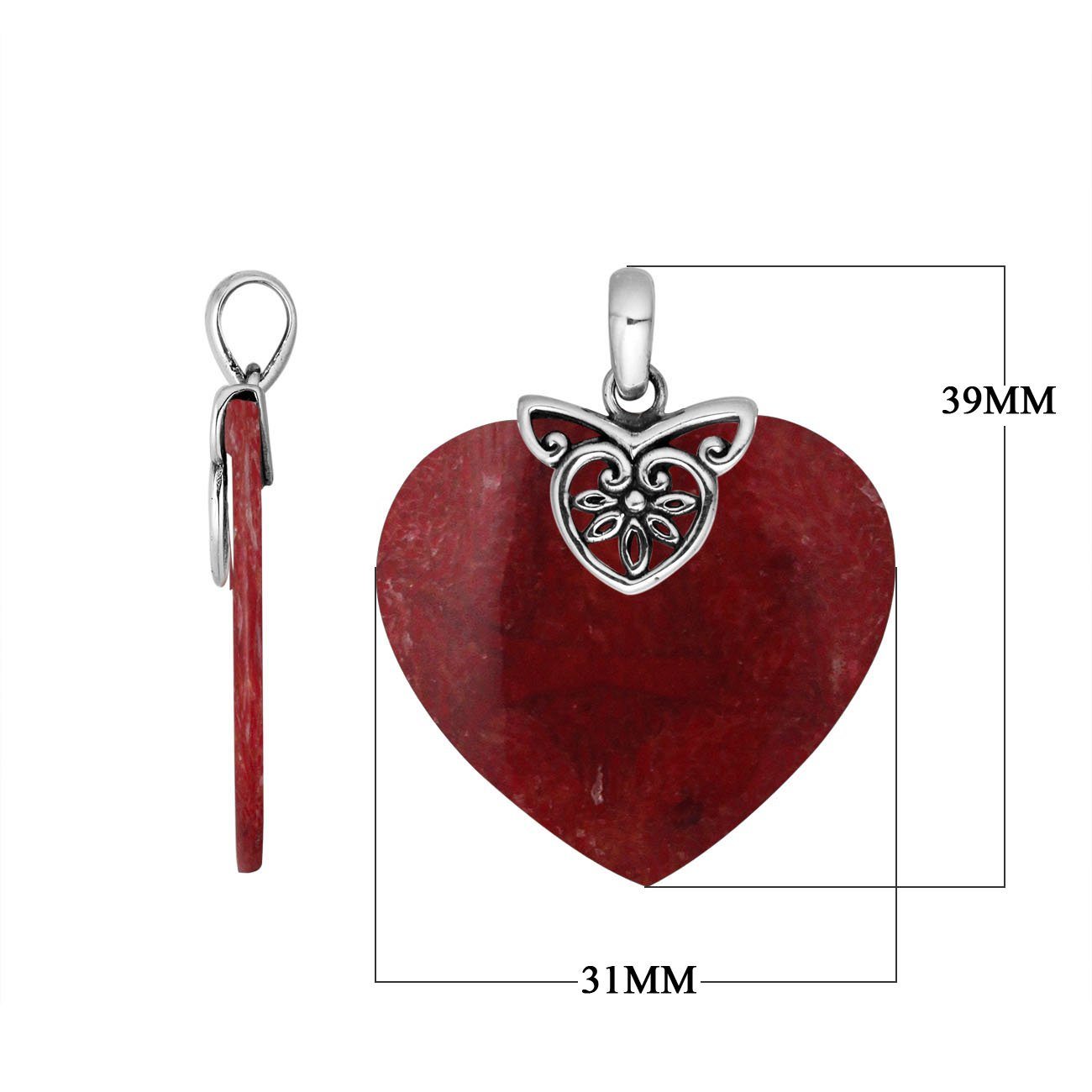 Heart Shaped Red Coral 925 Sterling Silver Pendant With Artistic Floral Filigree Detailing