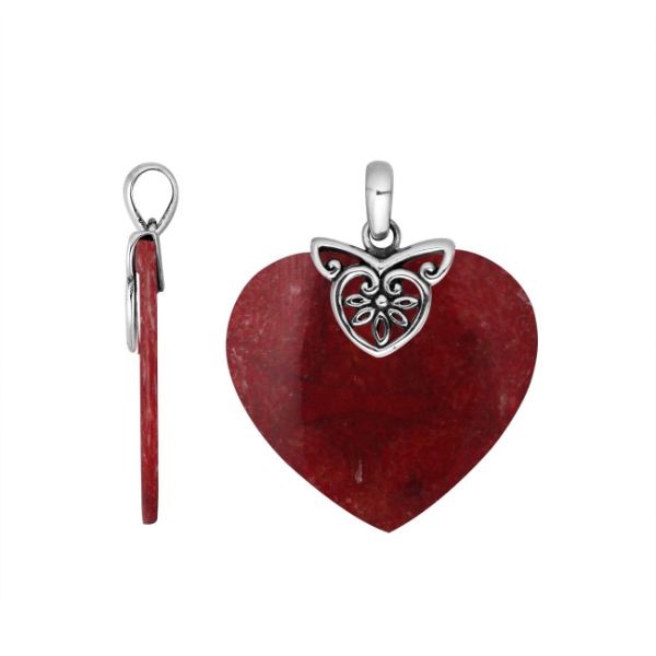 Heart Shaped Red Coral 925 Sterling Silver Pendant With Artistic Floral Filigree Detailing