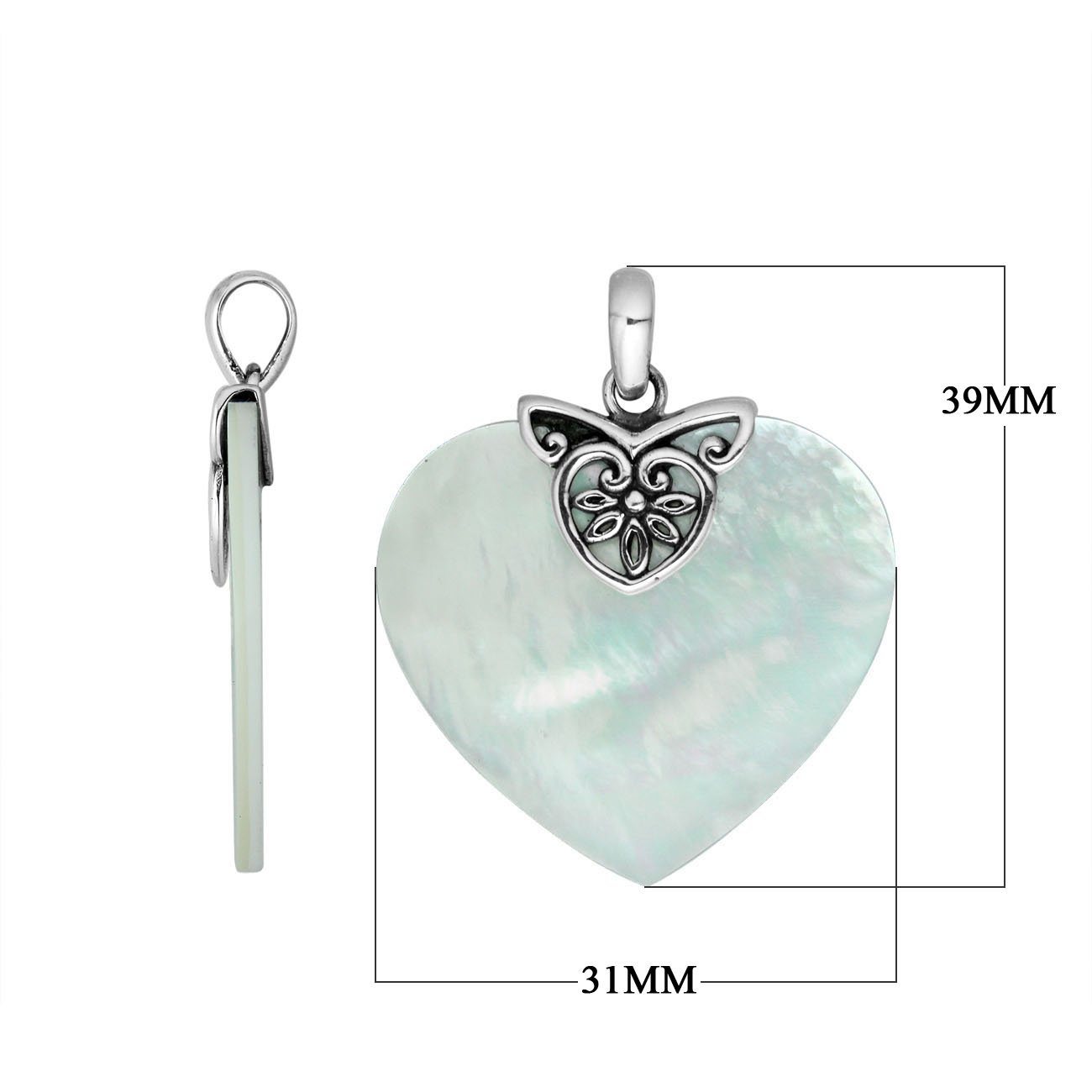 Handcrafted Sterling Silver Balinese Heart Pendant featuring lustrous Mother Of Pearl framed in detailed filigree silver work, designed for women who value timeless artistry and elegant jewelry craftsmanship.