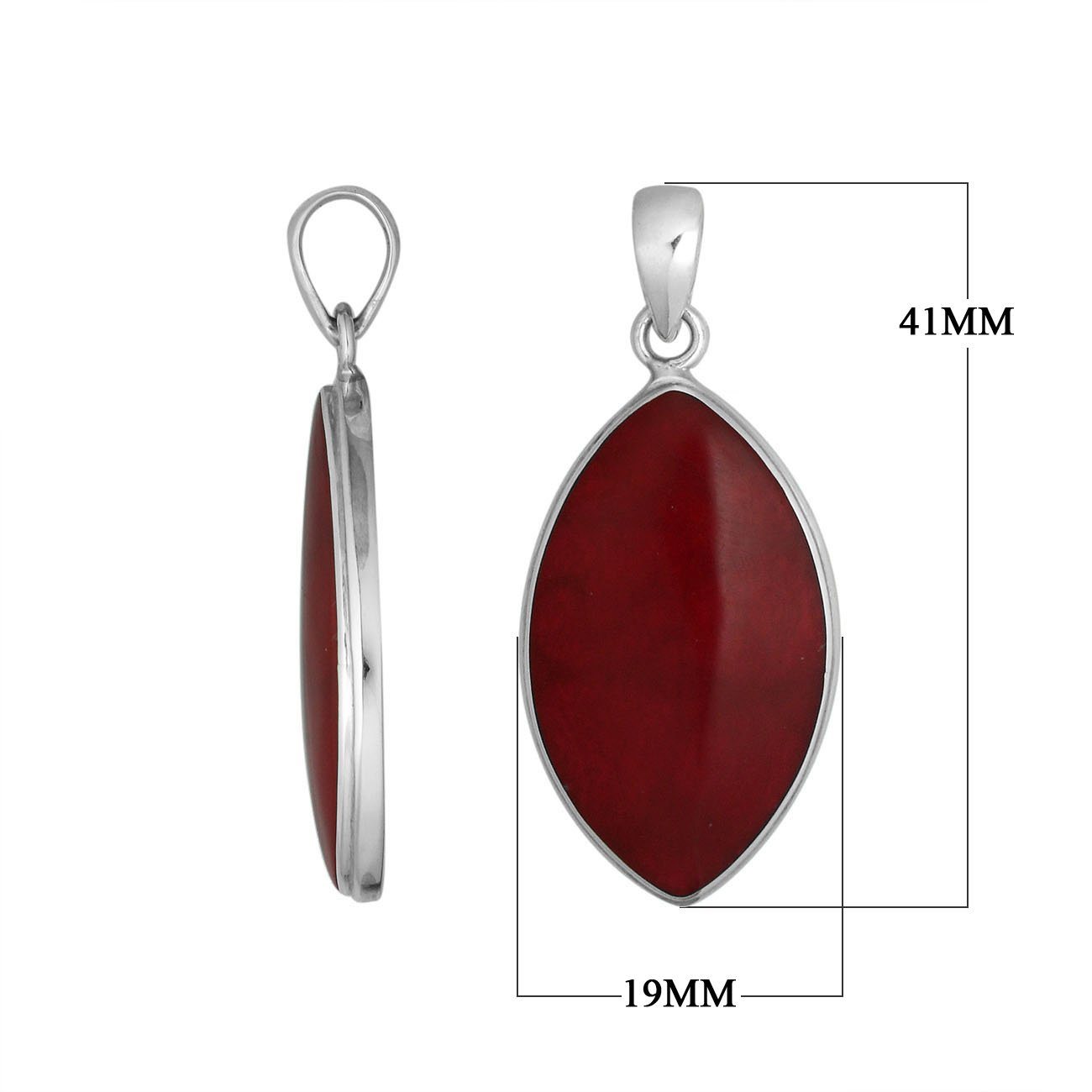 Handcrafted Balinese Sterling Silver Marquise Pendant featuring deep Red Coral and sleek silver frame, designed for women who appreciate bold, elegant jewelry.