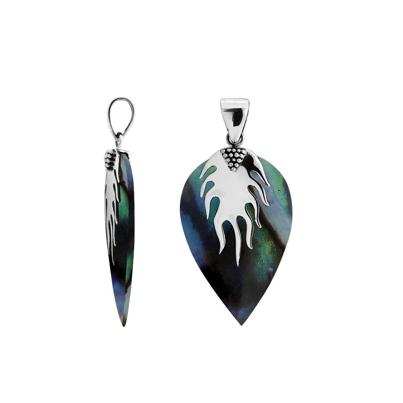 Handcrafted Balinese Sterling Silver Leaf Pendant featuring iridescent Abalone Shell and flame-inspired silver top, designed for women who love expressive artisan jewelry.