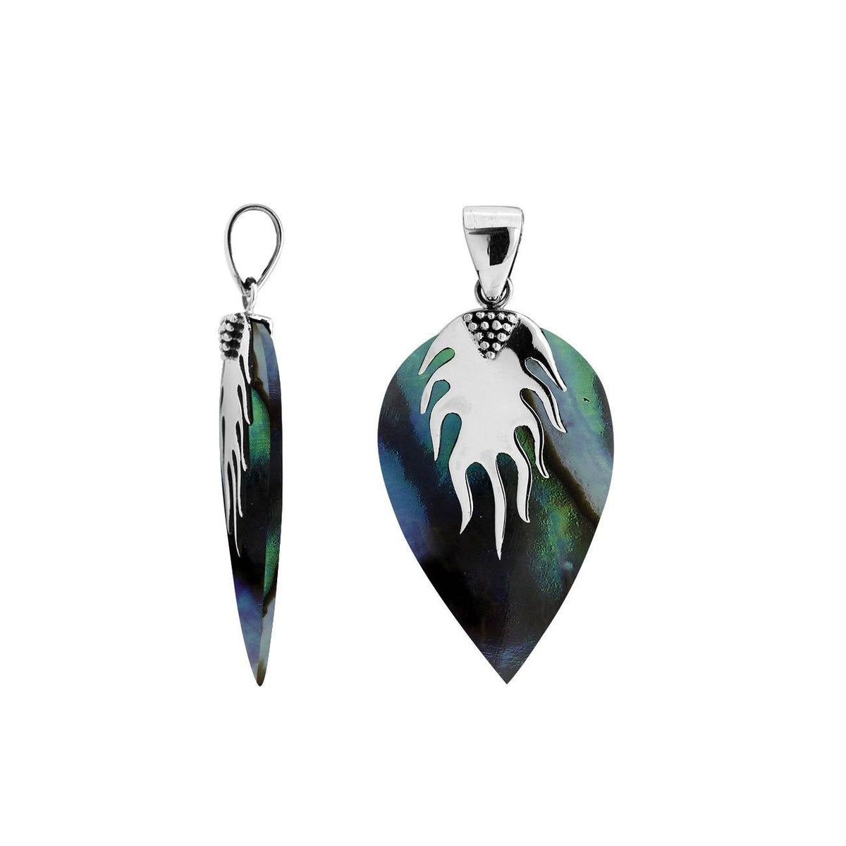 Handcrafted Balinese Sterling Silver Leaf Pendant featuring iridescent Abalone Shell and flame-inspired silver top, designed for women who love expressive artisan jewelry.