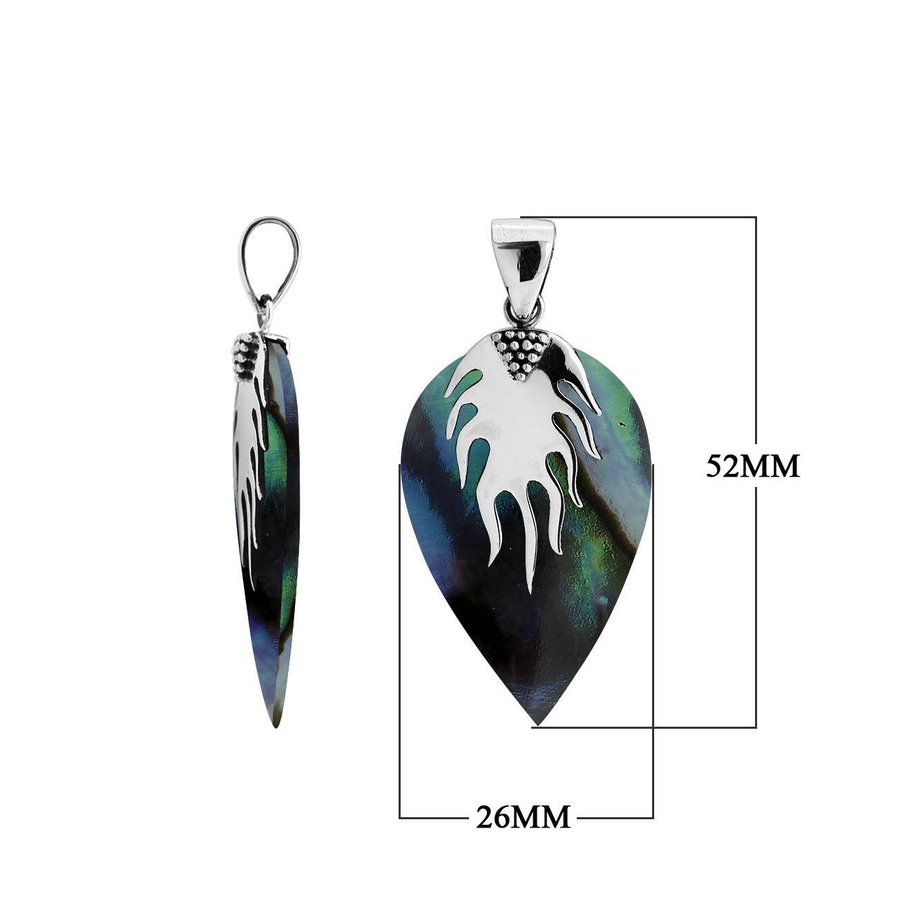 Handcrafted Balinese Sterling Silver Leaf Pendant featuring iridescent Abalone Shell and flame-inspired silver top, designed for women who love expressive artisan jewelry.