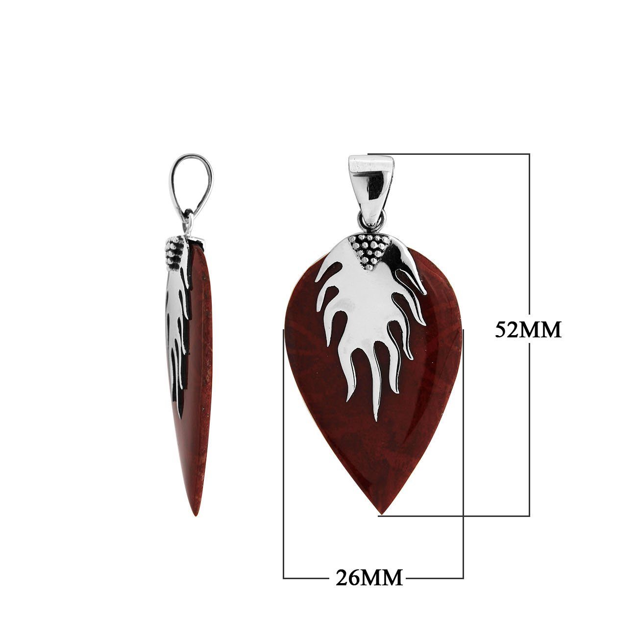 Handcrafted Sterling Silver Red Coral Leaf Flame Artistic Heritage Elegance Pendant.