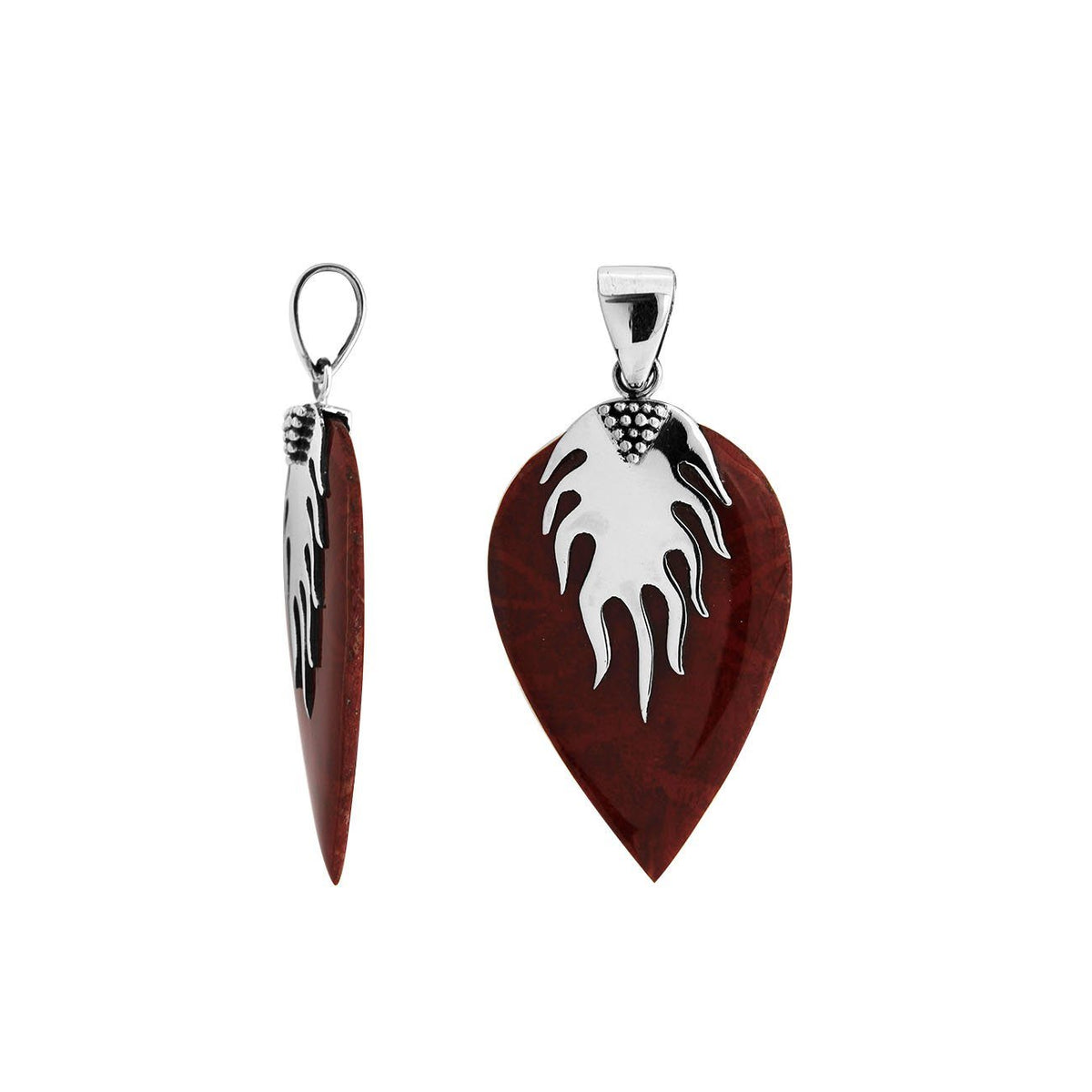 Handcrafted Sterling Silver Red Coral Leaf Flame Artistic Heritage Elegance Pendant.