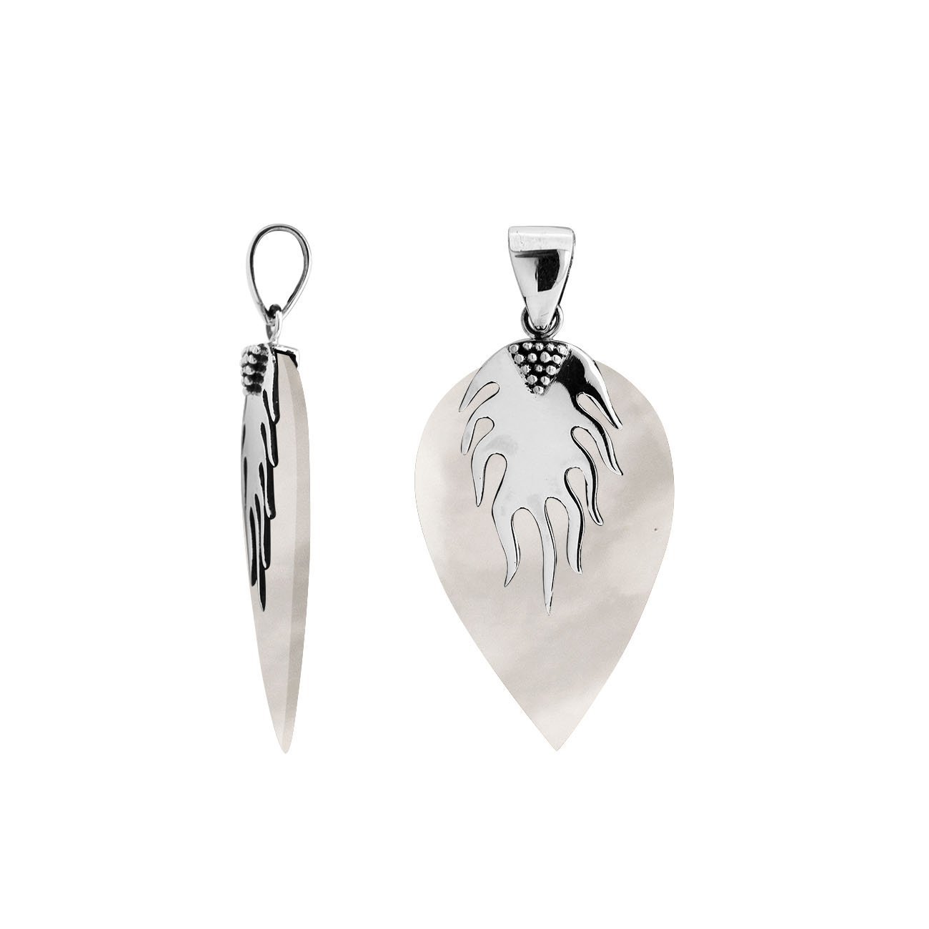 Handcrafted Sterling Silver Mother Of Pearl Leaf Flame Heritage Elegance Pendant.