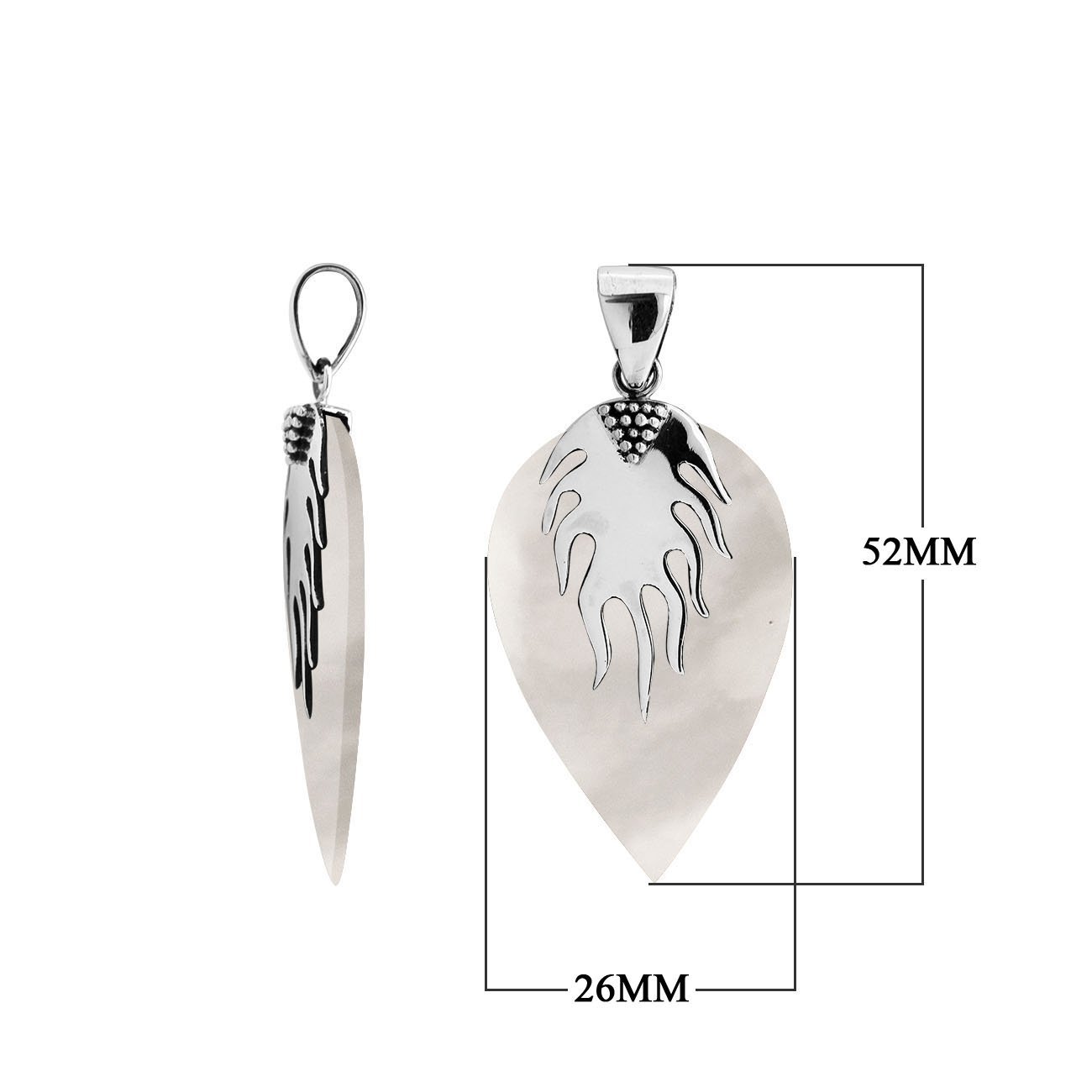 Handcrafted Sterling Silver Mother Of Pearl Leaf Flame Heritage Elegance Pendant.