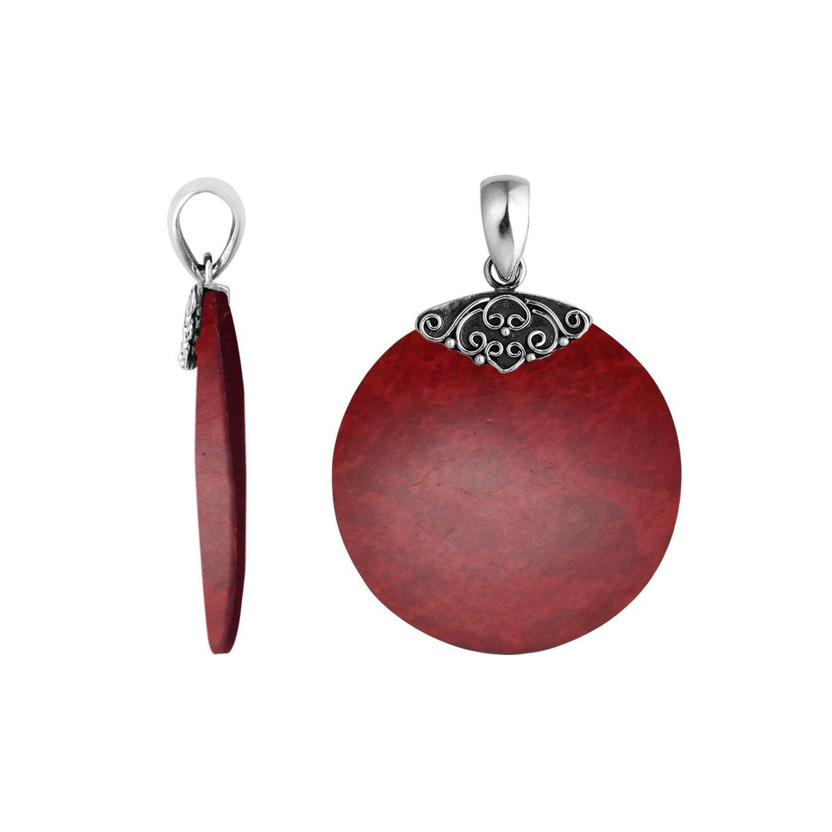 Handcrafted Sterling Silver Red Coral Round Eternal Grace Pendant.