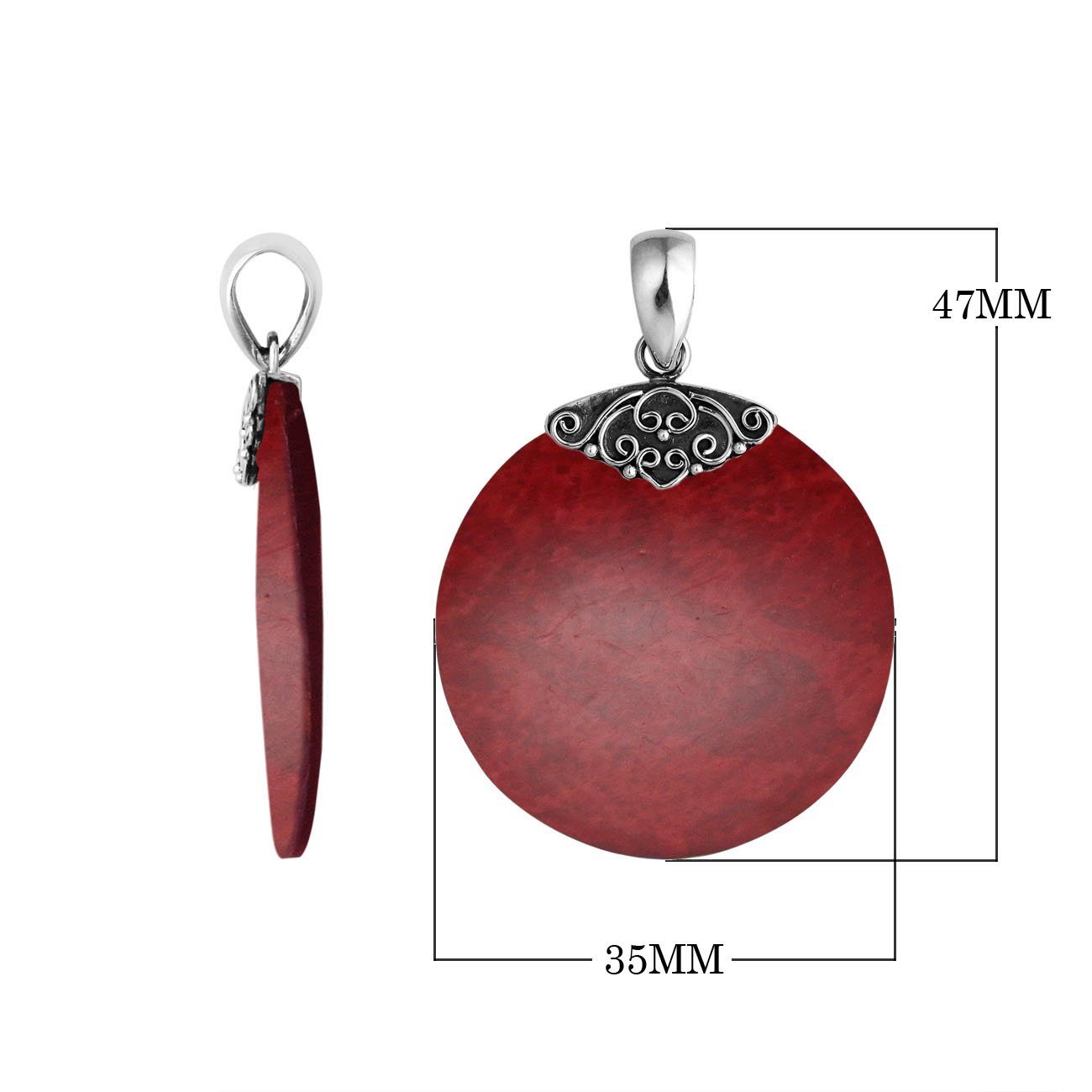 Handcrafted Sterling Silver Red Coral Round Eternal Grace Pendant.
