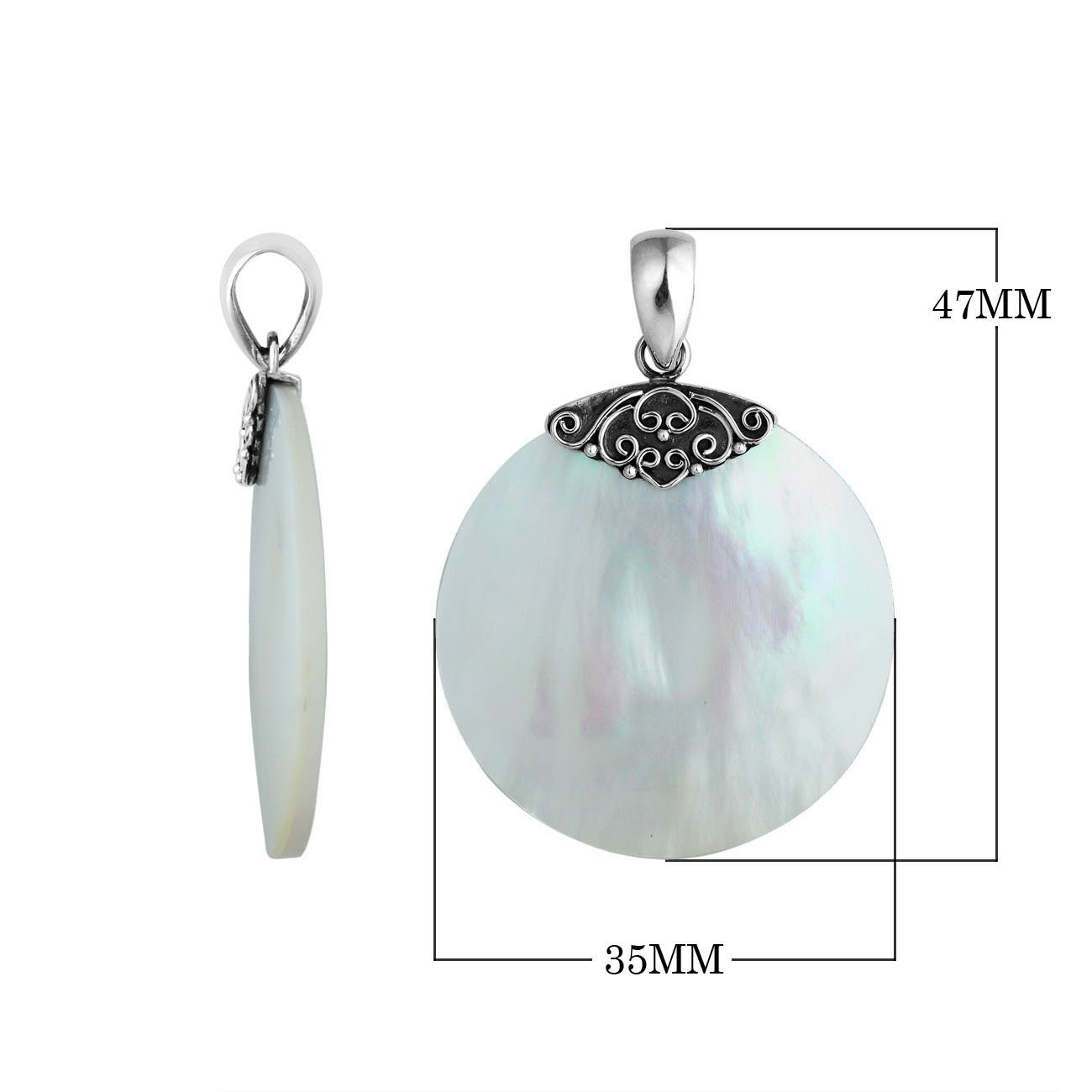 Handcrafted Sterling Silver Mother Of Pearl Round Ocean Bloom Pendant.