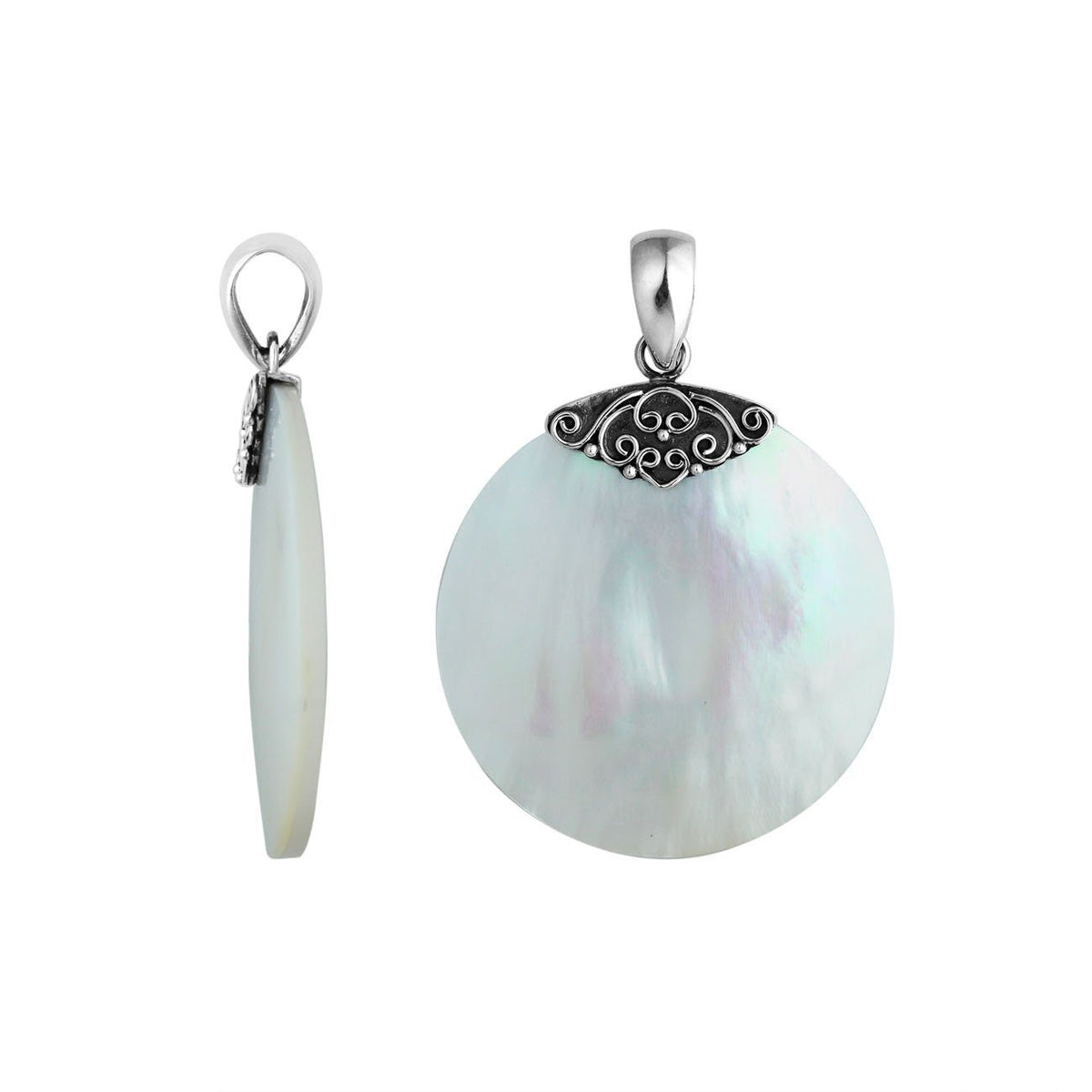 Handcrafted Sterling Silver Mother Of Pearl Round Ocean Bloom Pendant.