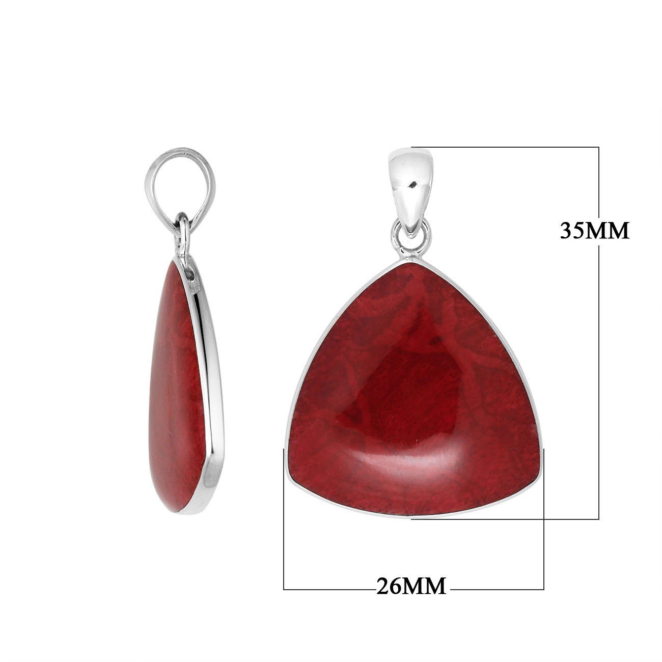 Sterling Silver Red Coral Triangular Pendant With Fiery Elegance And Balinese Charm.
