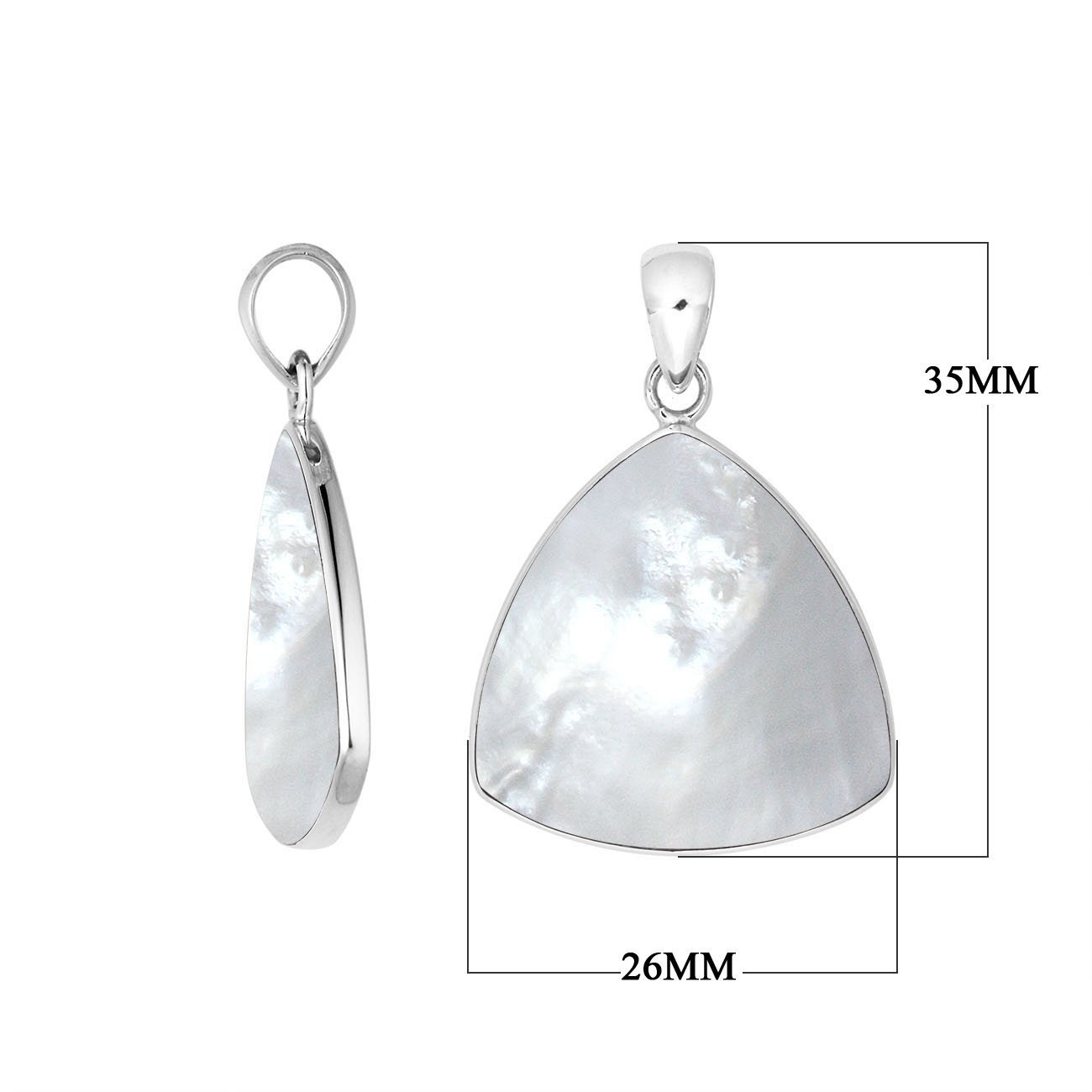 Sterling Silver Mother Of Pearl Triangular Pendant With Iridescent Lustre And Balinese Grace.