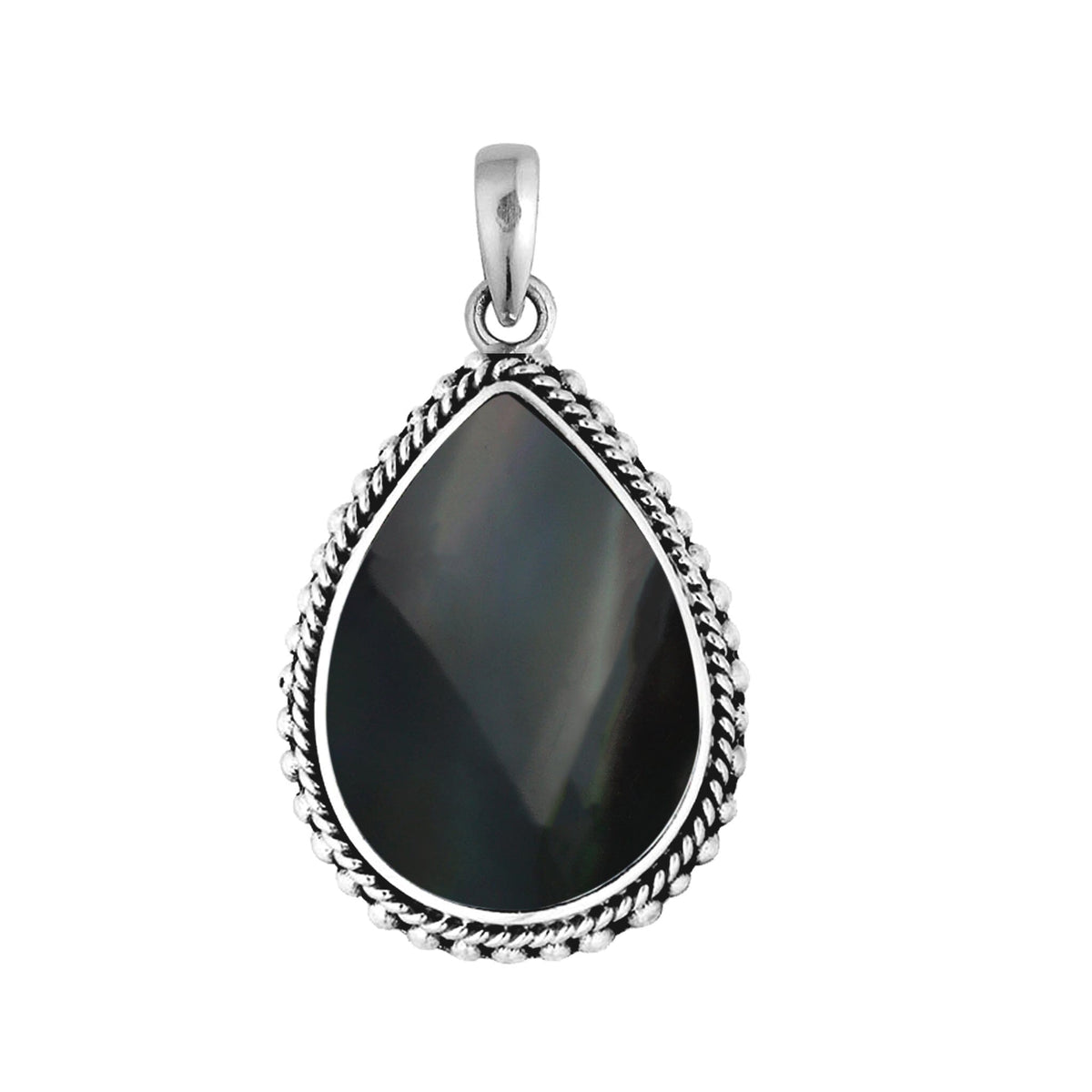 Handcrafted Sterling Silver Black Shell Teardrop Pendant From Bali.