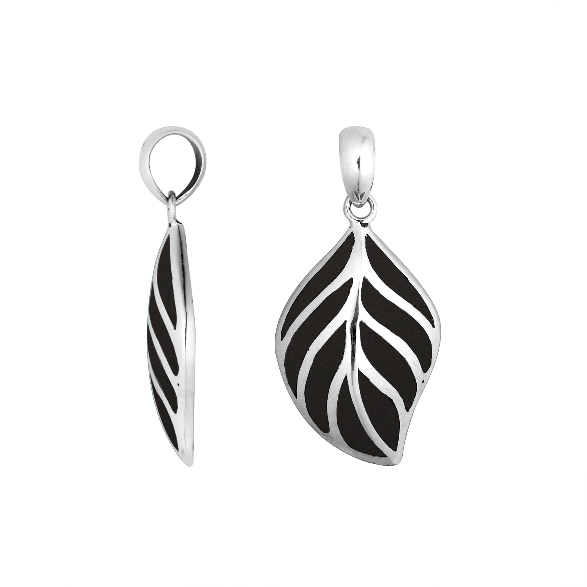 Handcrafted Sterling Silver Black Shell Leaf Pendant From Bali.