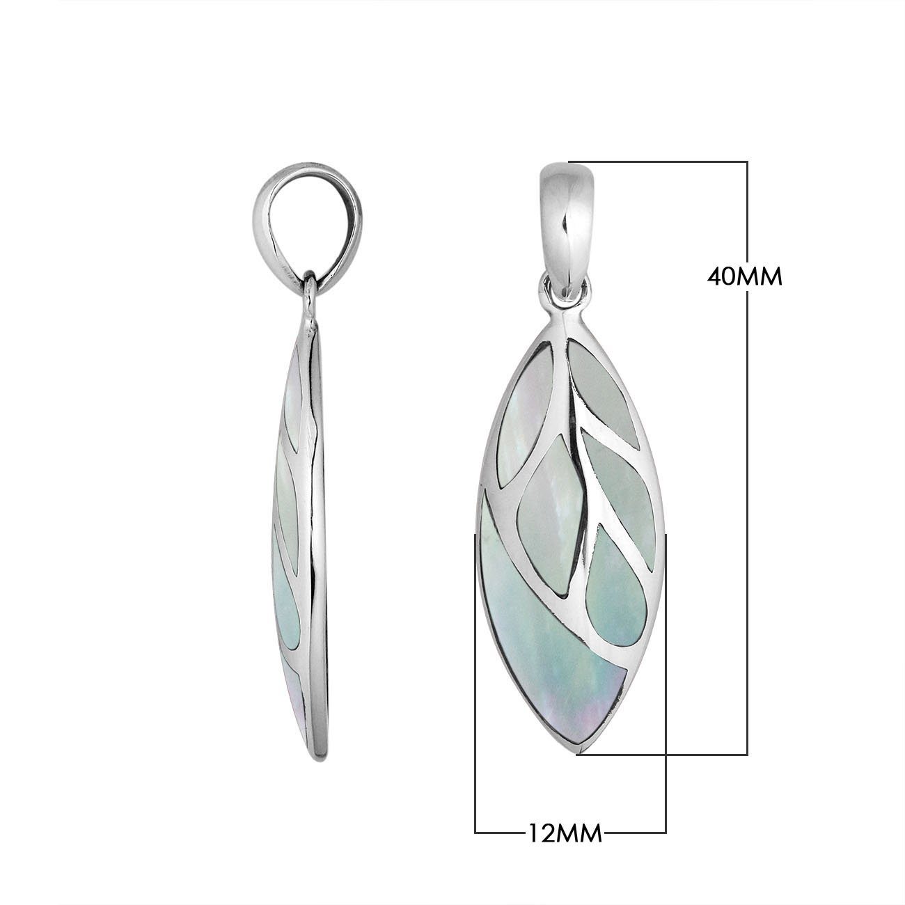 Handcrafted Sterling Silver Mother Of Pearl Leaf Pendant With Silver Vein Accents.