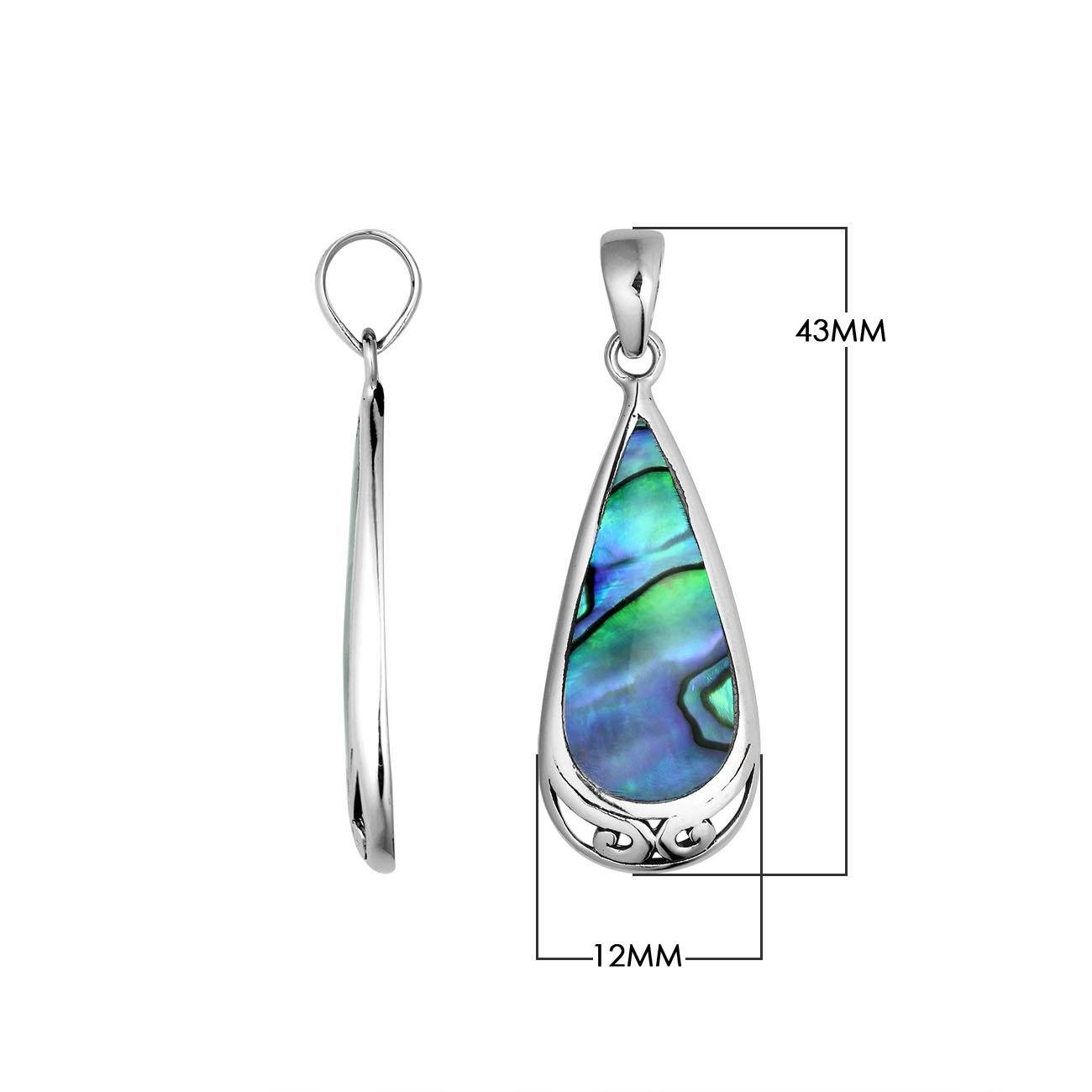 Handcrafted Sterling Silver Abalone Shell Teardrop Pendant With Polished Silver Border.