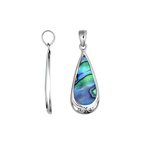 Handcrafted Sterling Silver Abalone Shell Teardrop Pendant With Polished Silver Border.
