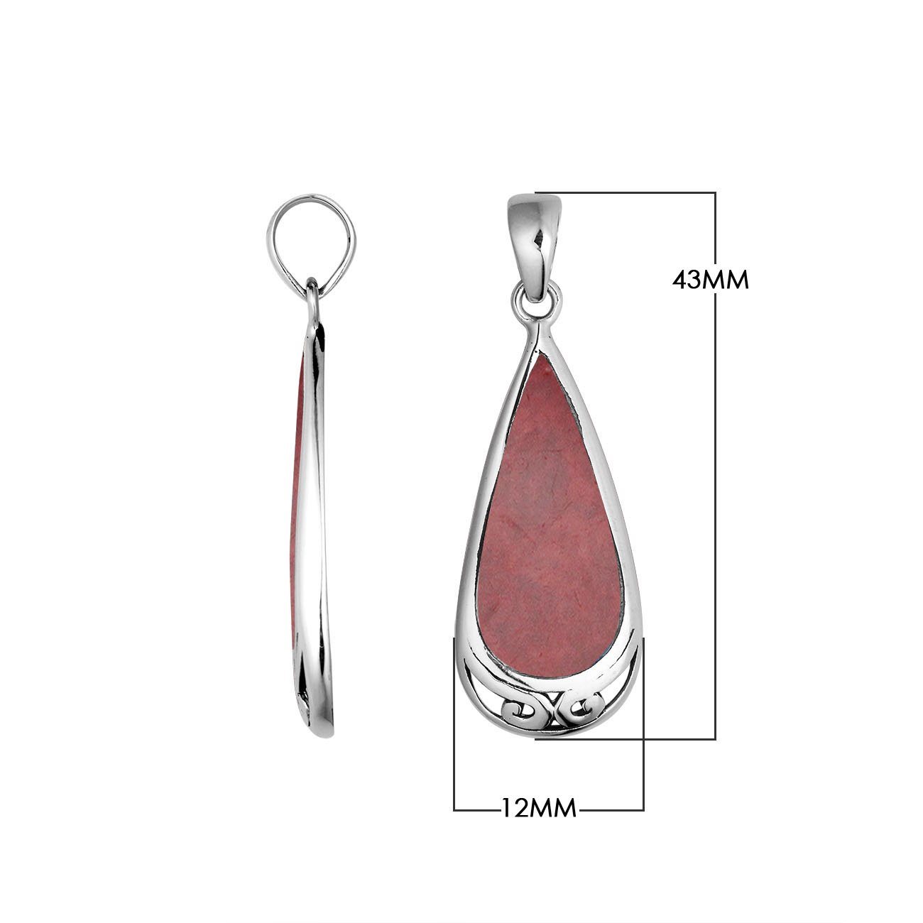 Handcrafted Sterling Silver Red Coral Teardrop Pendant With Polished Silver Border.