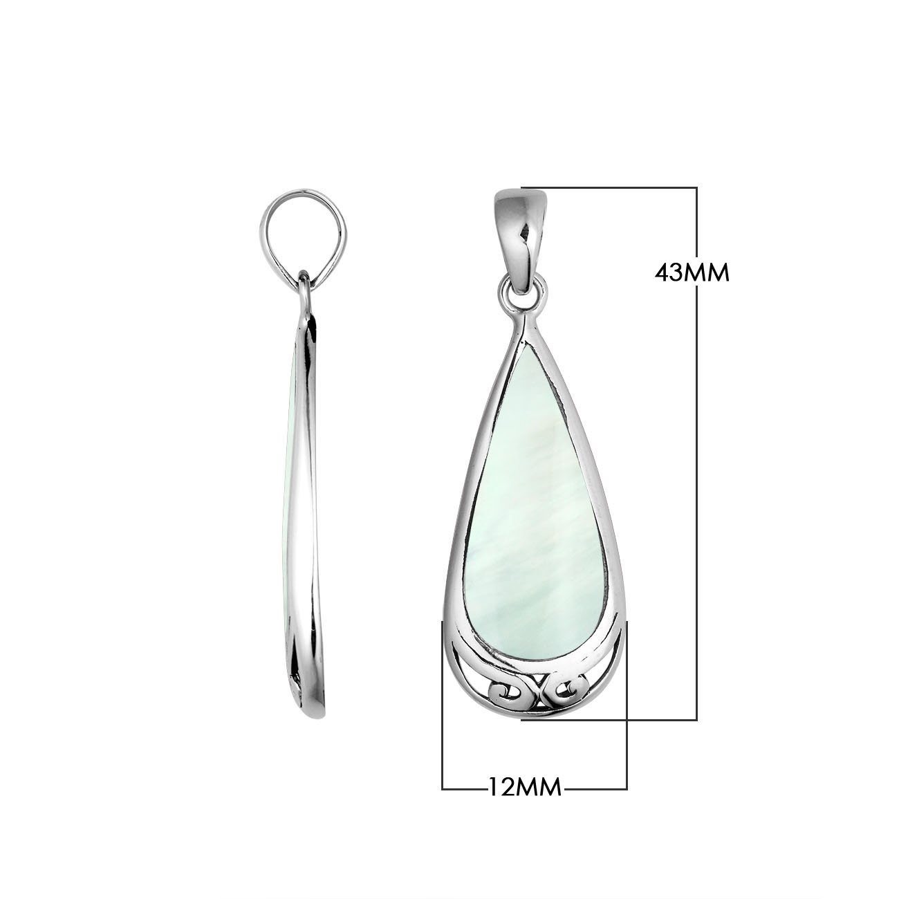 Handcrafted Sterling Silver Mother Of Pearl Teardrop Pendant With Polished Silver Border.