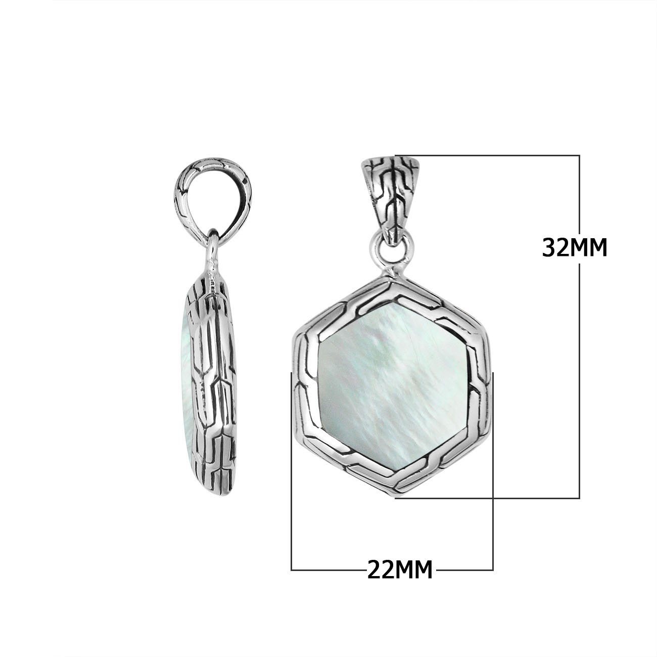Handcrafted Sterling Silver Mother Of Pearl Hexagon Pendant With Polished Silver Frame.