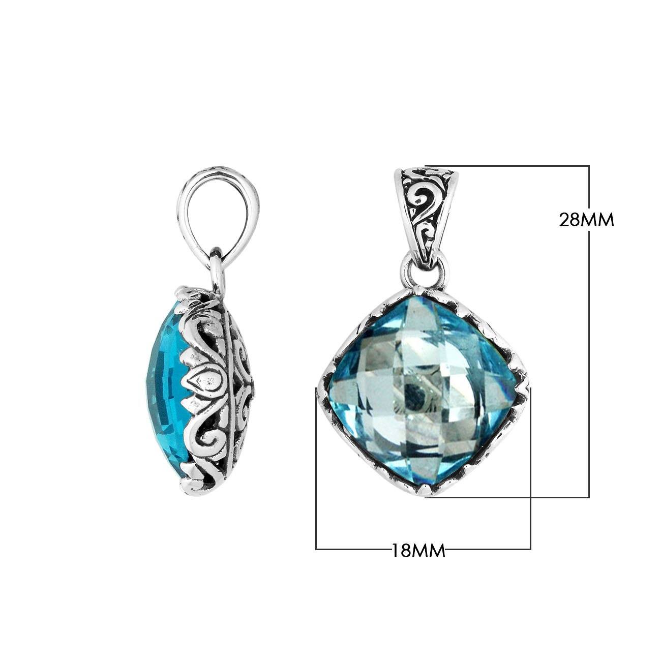 Handcrafted Sterling Silver Blue Topaz Quartz Cushion Pendant With Balinese Filigree Design.
