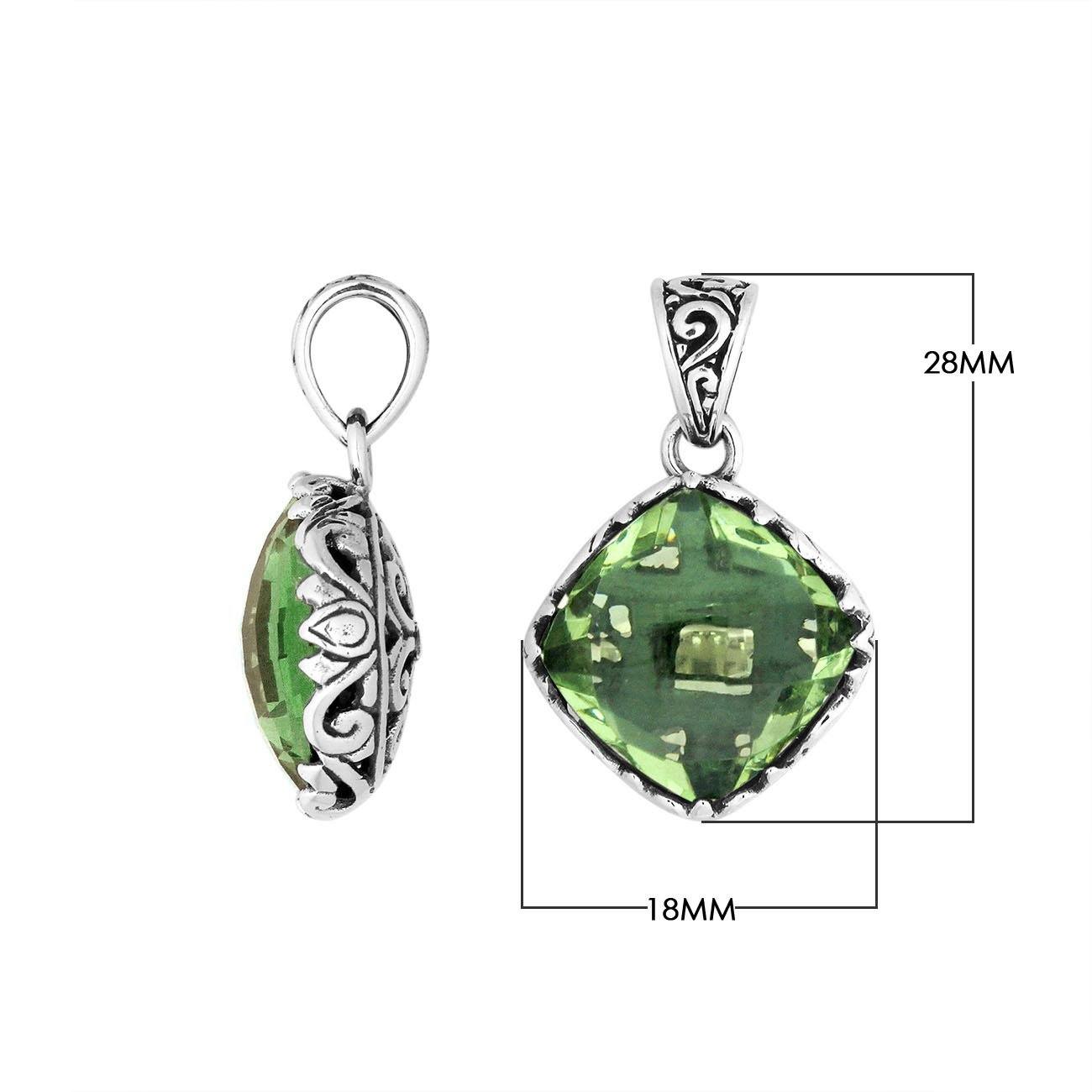 Handcrafted Sterling Silver Green Amethyst Quartz Cushion Pendant With Balinese Filigree Design.