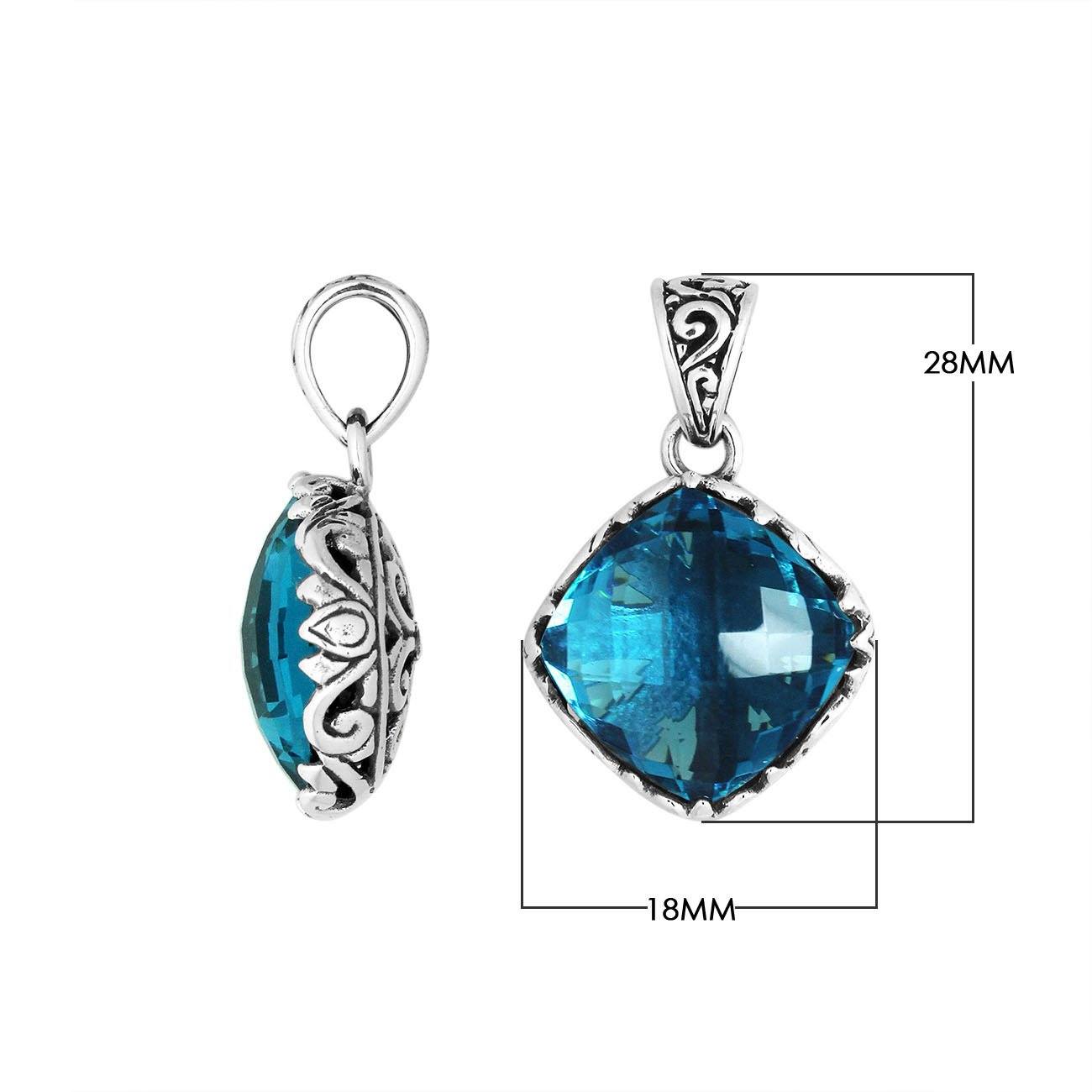 Handcrafted Sterling Silver London Blue Topaz Quartz Cushion Pendant With Balinese Filigree Design.