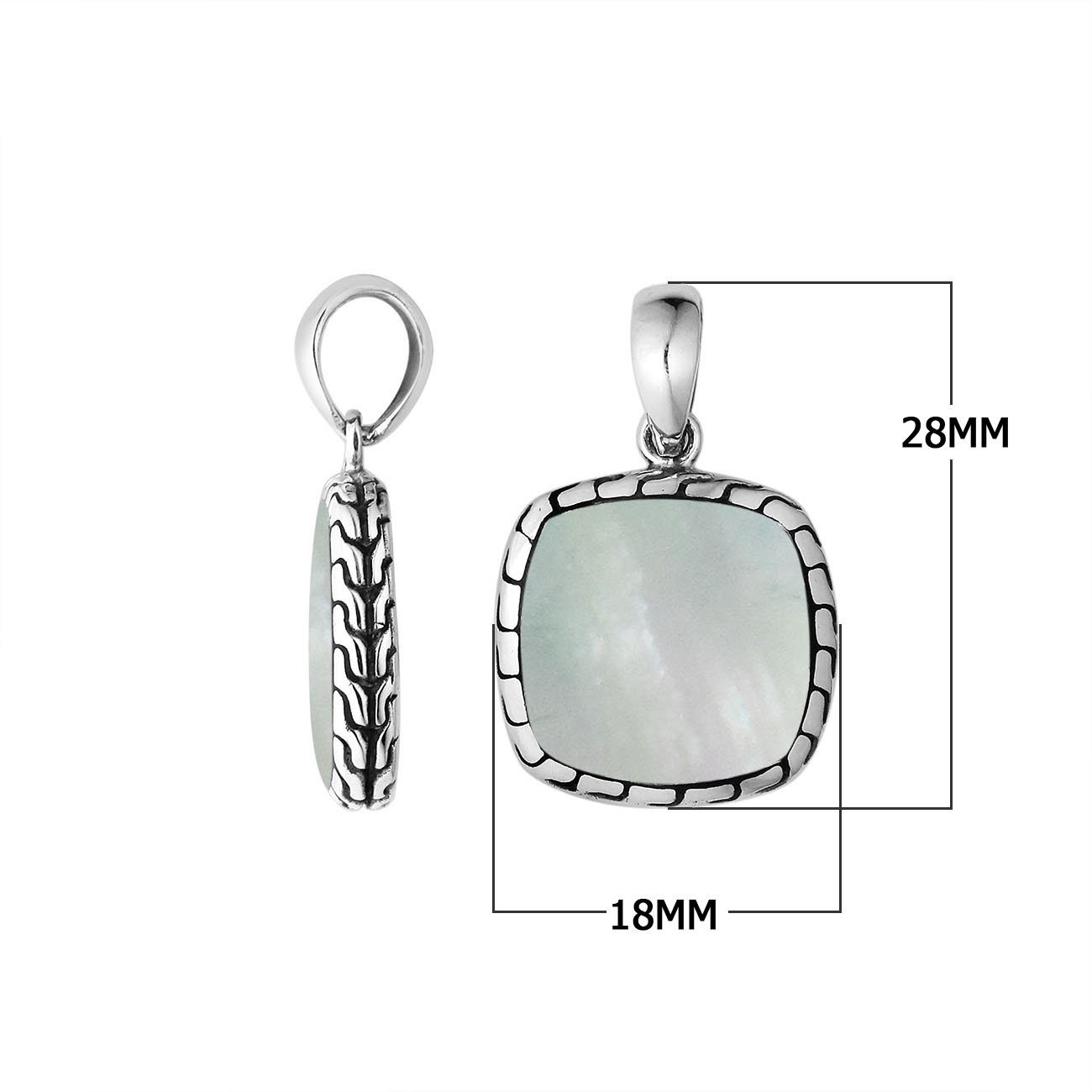 Handcrafted Sterling Silver Mother Of Pearl Cushion Pendant With Balinese Frame Design.