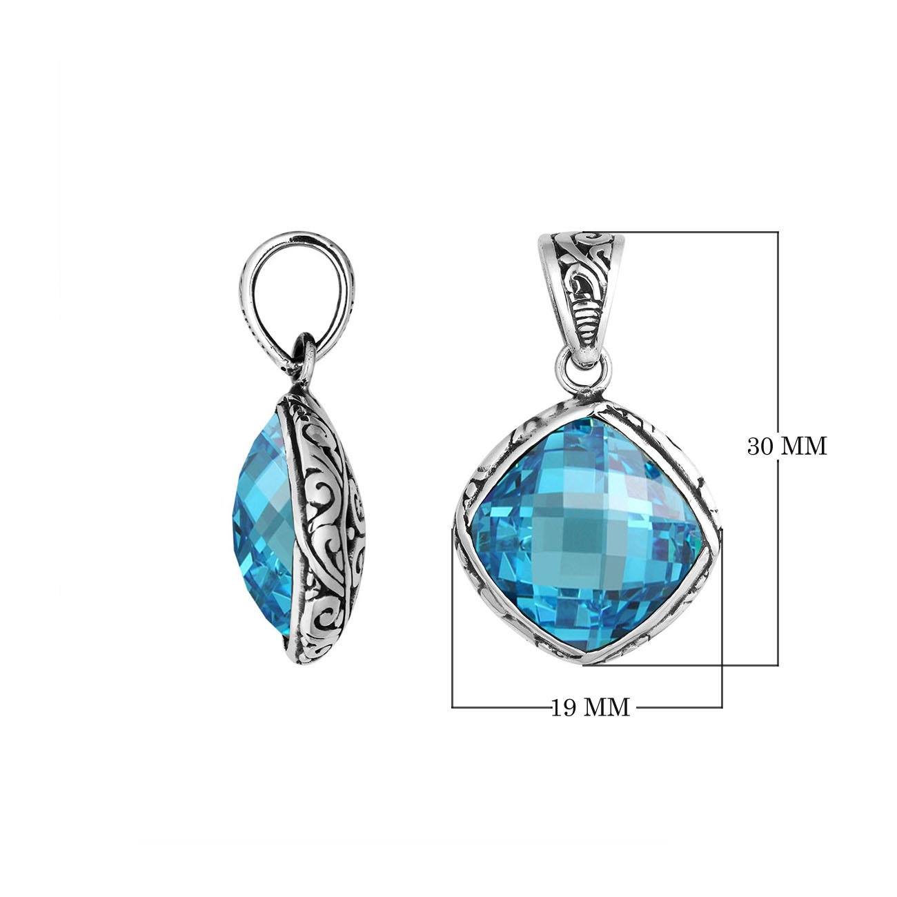 Sterling silver blue topaz quartz cushion pendant with ornate Balinese frame handcrafted in Bali.