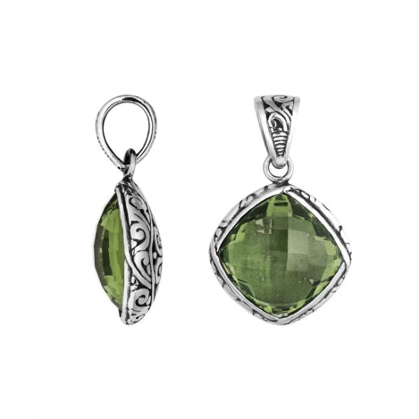 Sterling silver green amethyst quartz pendant with ornate Balinese frame handcrafted in Bali.