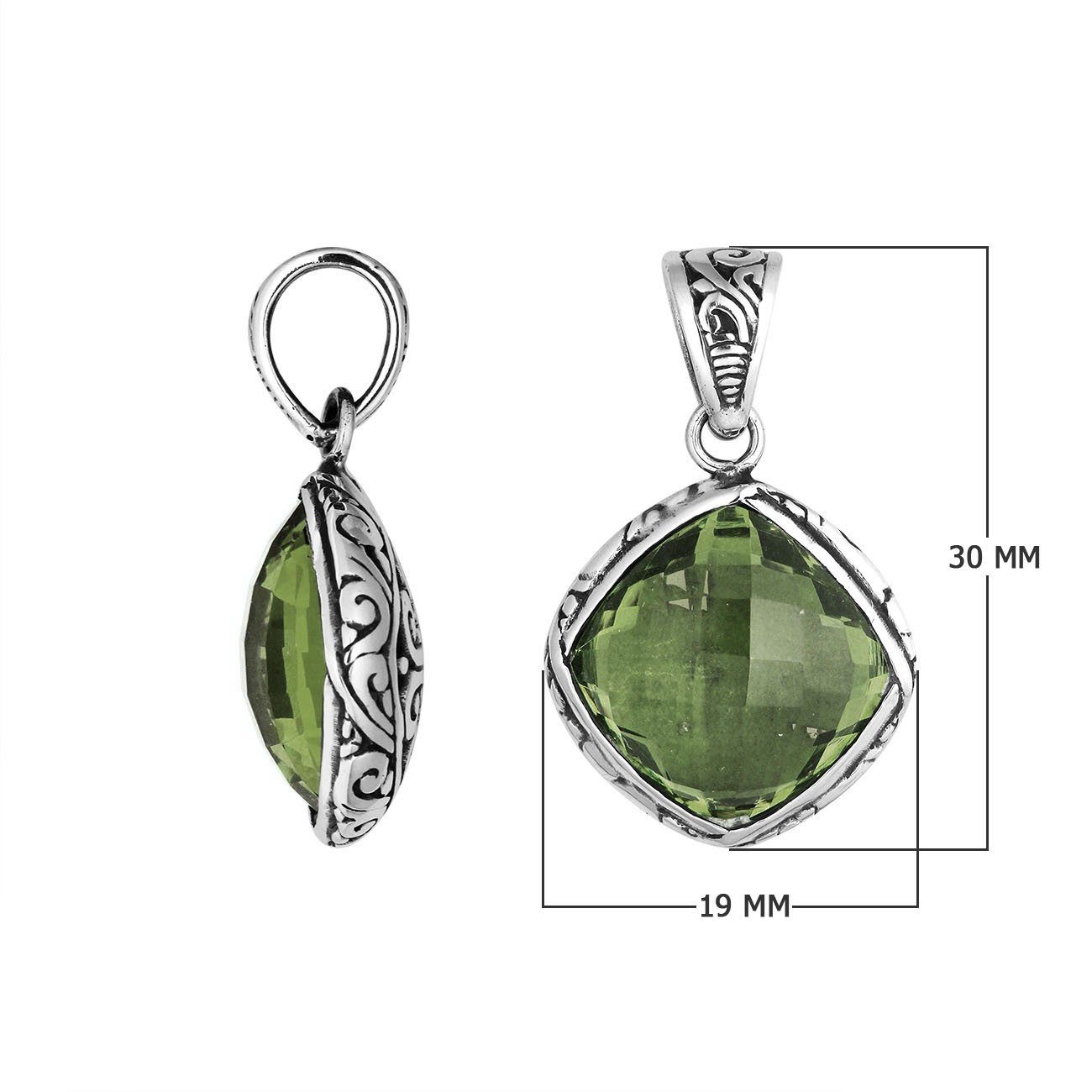 Sterling silver green amethyst quartz pendant with ornate Balinese frame handcrafted in Bali.
