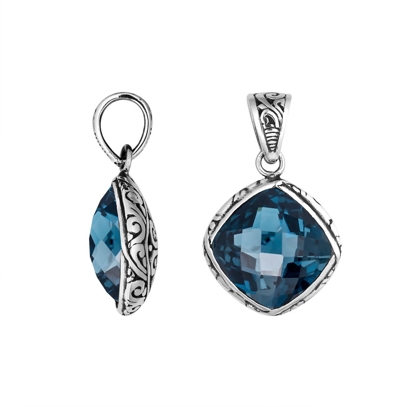 Sterling silver London blue topaz quartz pendant with ornate Balinese frame handcrafted in Bali.