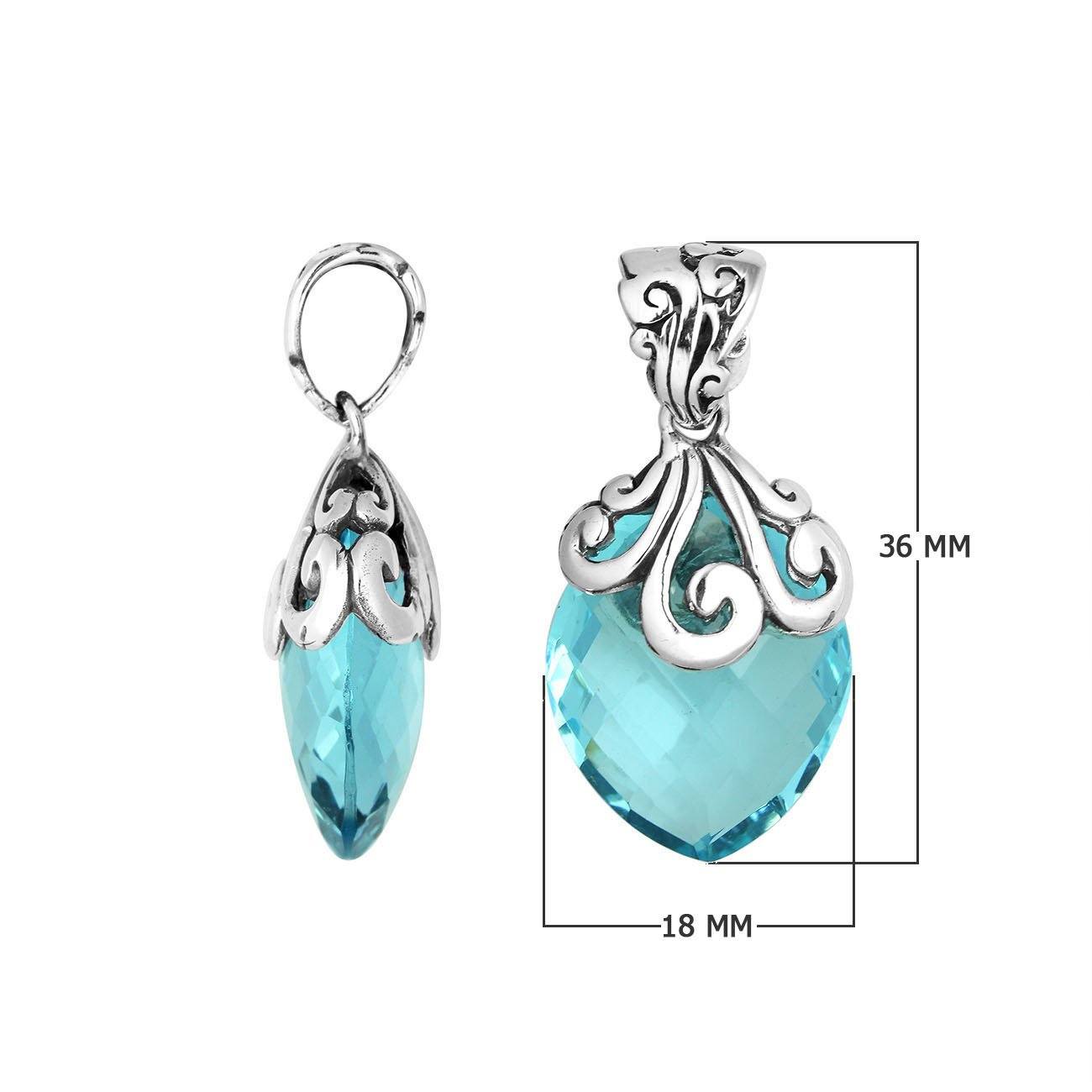 Elegant Sterling Silver Blue Topaz Quartz marquise pendant featuring handcrafted swirl filigree detailing, mirror-polished surface, and bright aqua-blue brilliance for women’s artistic jewelry collections.