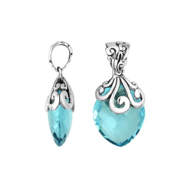 Elegant Sterling Silver Blue Topaz Quartz marquise pendant featuring handcrafted swirl filigree detailing, mirror-polished surface, and bright aqua-blue brilliance for women’s artistic jewelry collections.