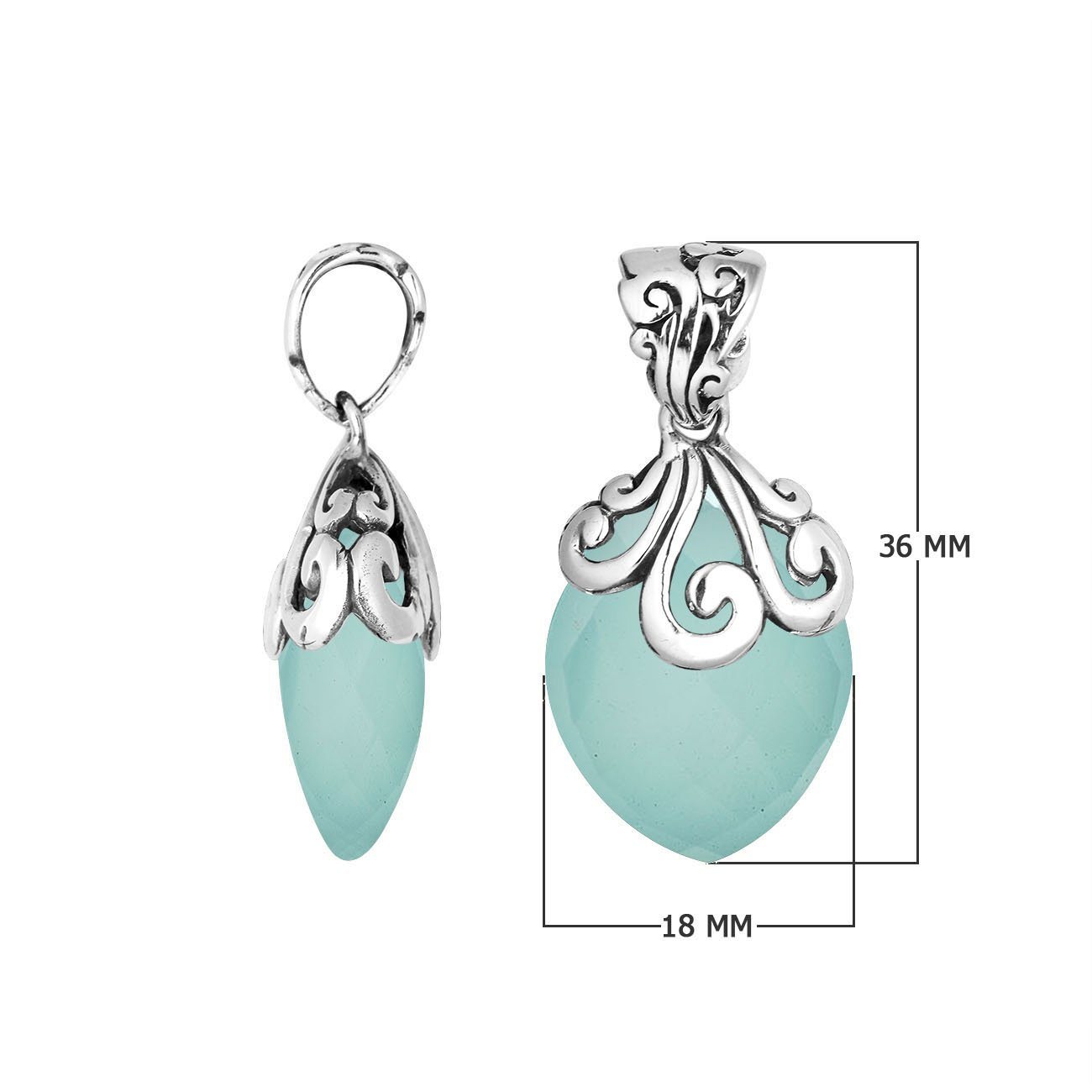 Elegant Sterling Silver Green Chalcedony Quartz marquise pendant handcrafted with swirl filigree detailing, mirror-polished surface, and soft green radiance for women’s artistic silver jewelry collections.