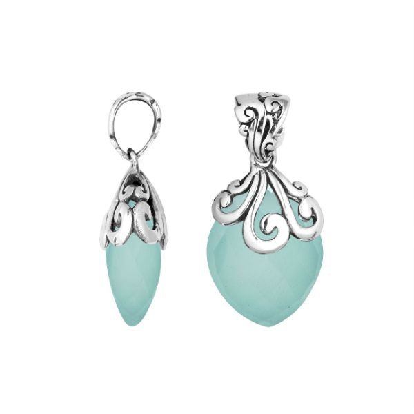 Elegant Sterling Silver Green Chalcedony Quartz marquise pendant handcrafted with swirl filigree detailing, mirror-polished surface, and soft green radiance for women’s artistic silver jewelry collections.