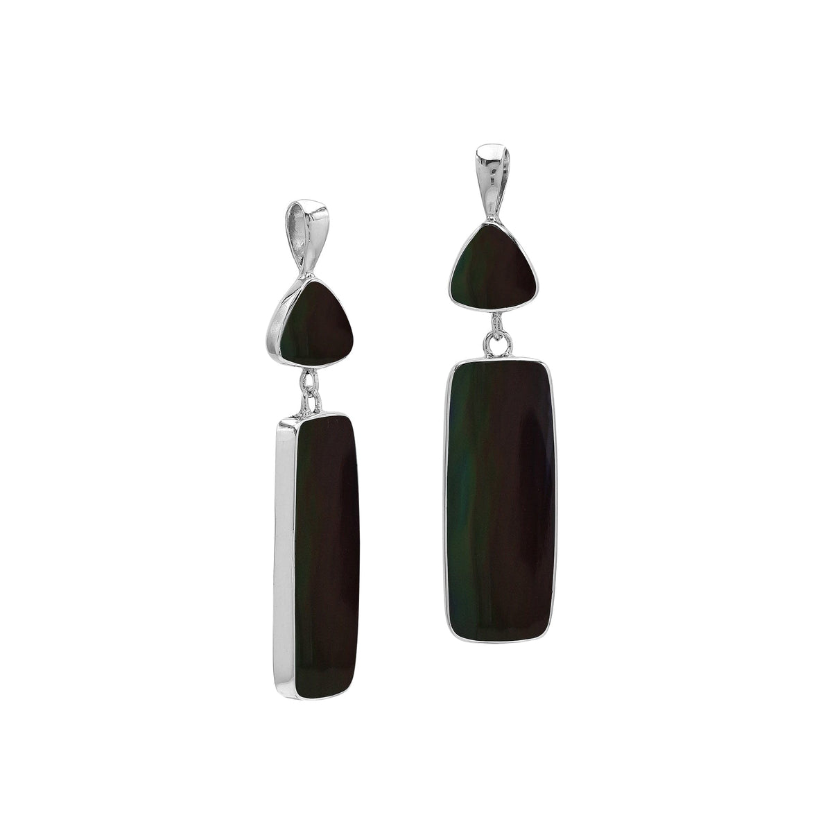 Sterling Silver Earring With Black Shell Trillion & Rectangle Dangle Handcrafted In Bali